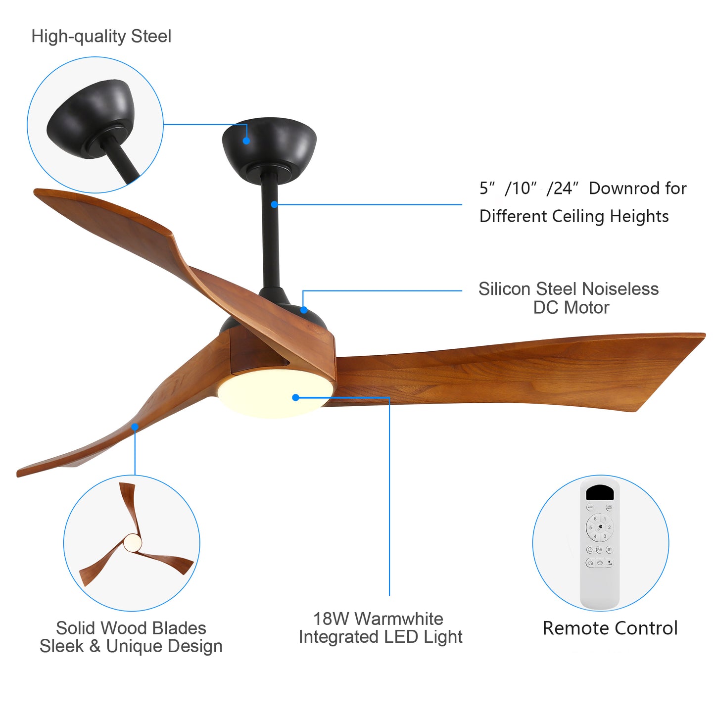 Black highquality steel ceiling fan motor housing with wooden blades