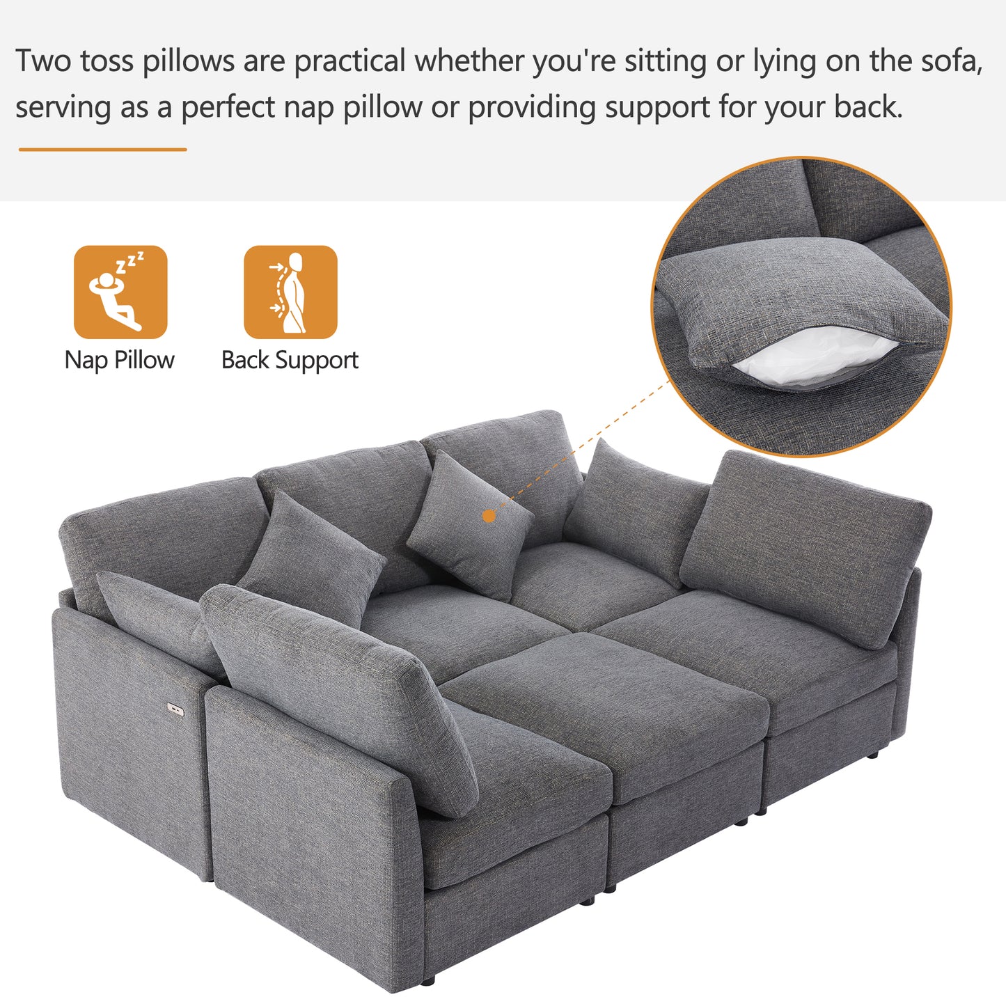 Gray fabric sectional sofa with multiple toss pillows and a closeup of a removable pillow cover