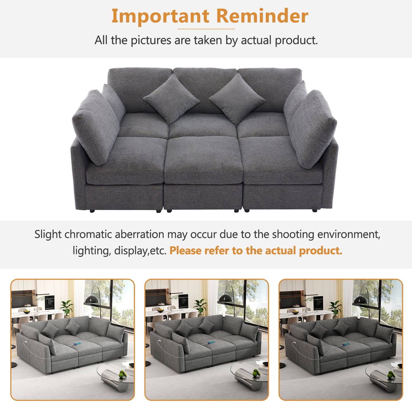 Modular grey fabric sectional sofa with USB charging ports and plush cushions