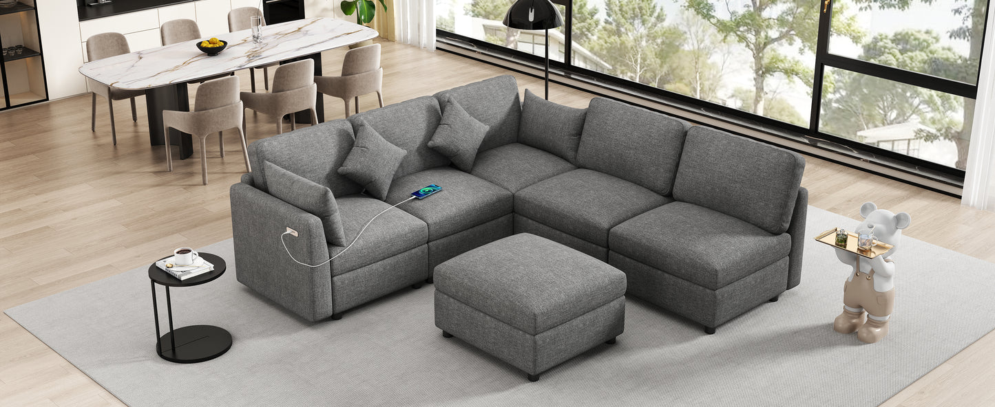 Gray fabric sectional sofa with builtin USB charging ports ideal for modern living rooms