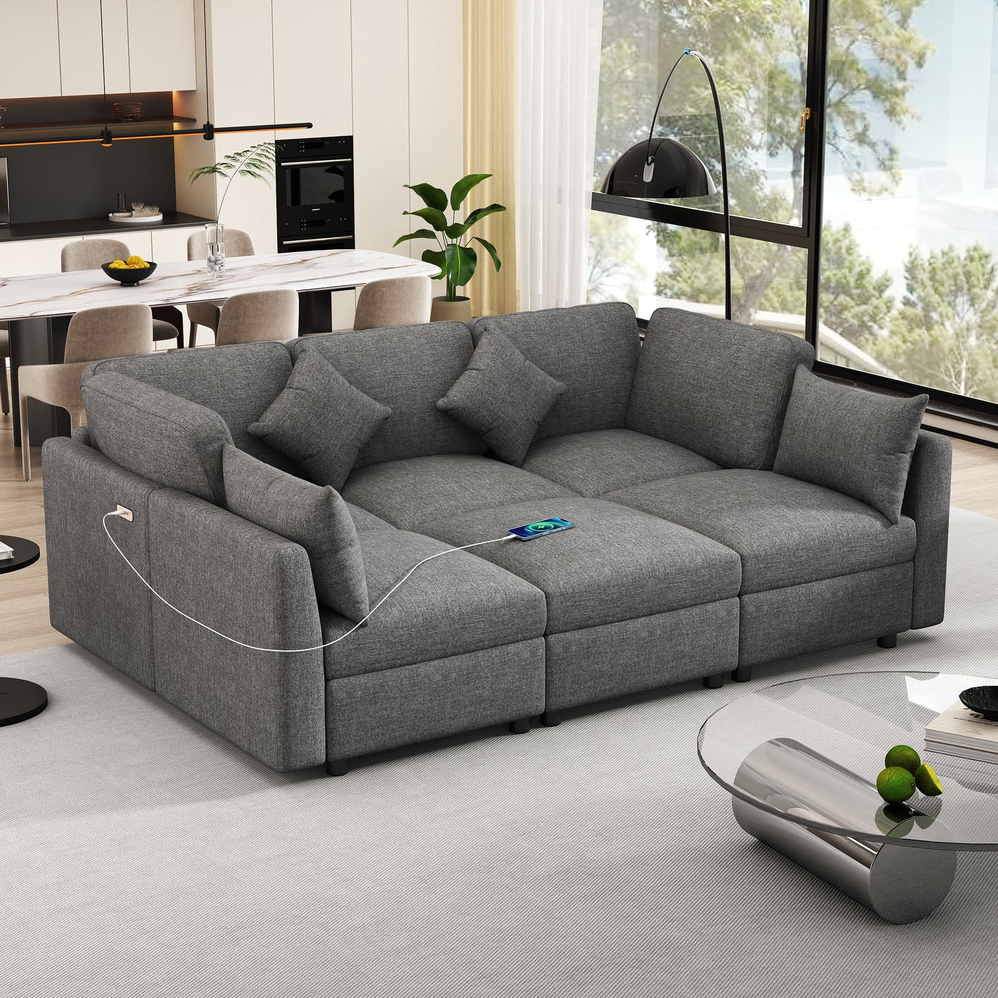 Grey fabric sectional sofa with builtin USB charging ports and adjustable headrests