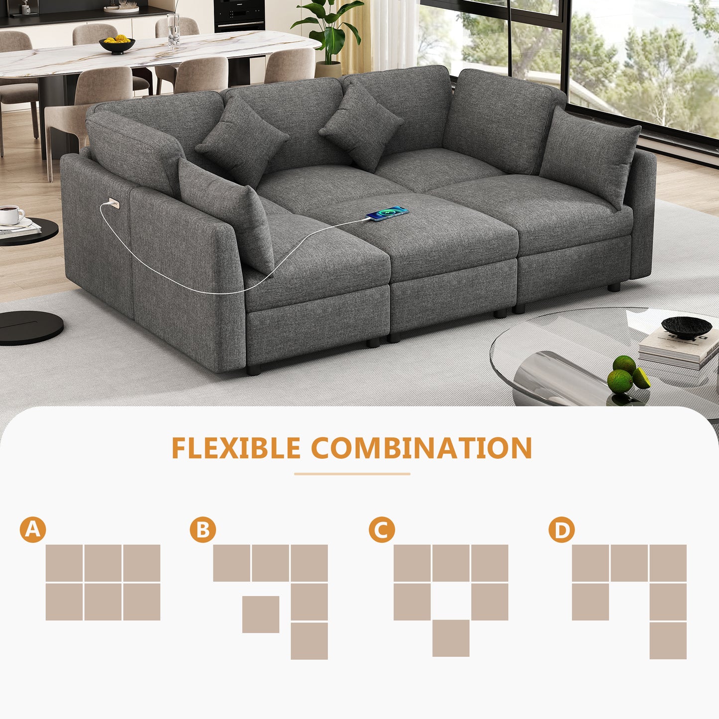 Modern grey fabric sectional sofa with builtin USB charging ports for convenience