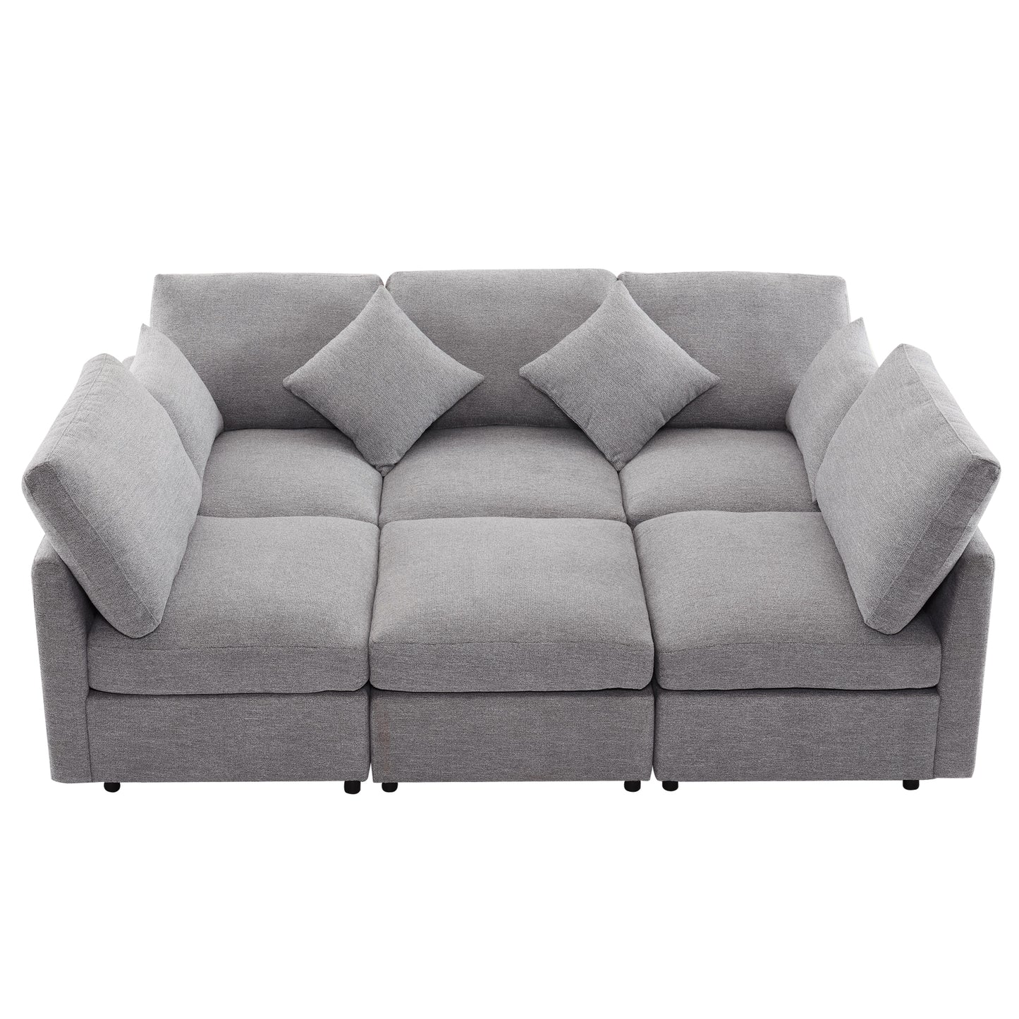 Plush grey fabric sectional sofa with deep seats and plush accent pillows perfect for modern living