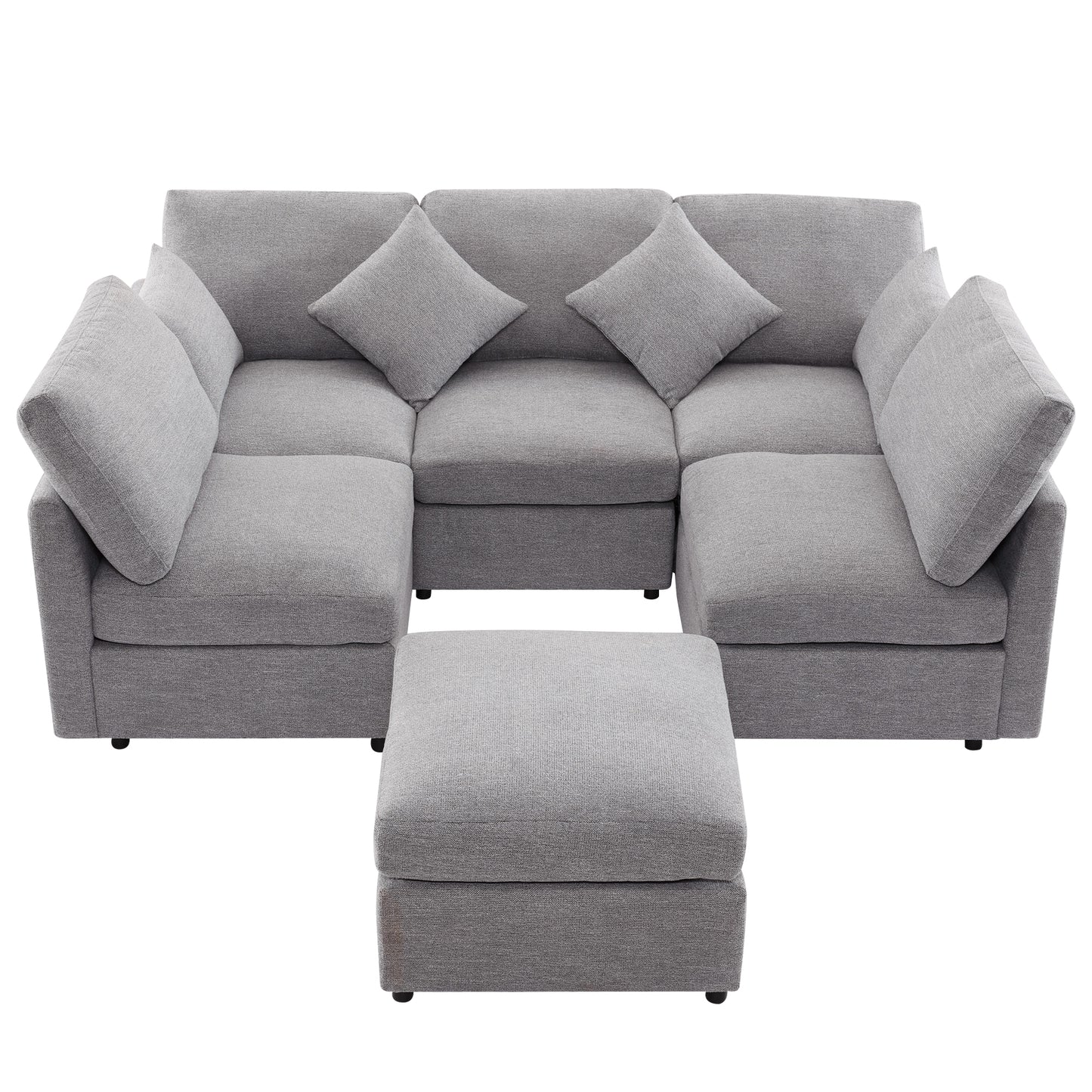 Gray fabric sectional sofa with upholstered ottoman modern design