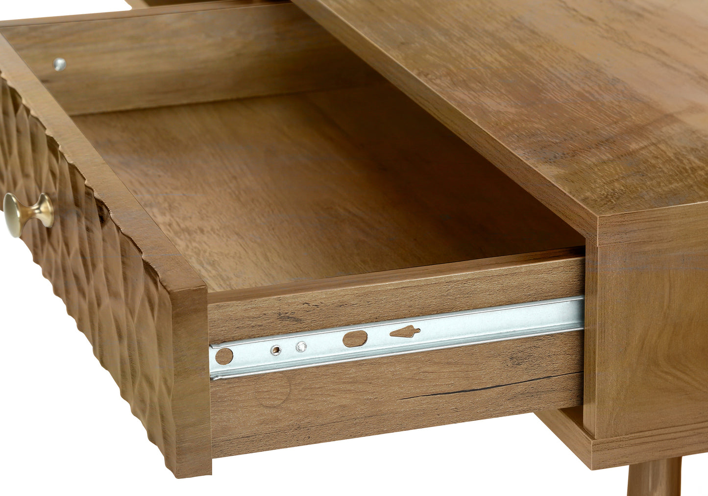 Closeup of open wood desk drawer with carved detail and brass pull