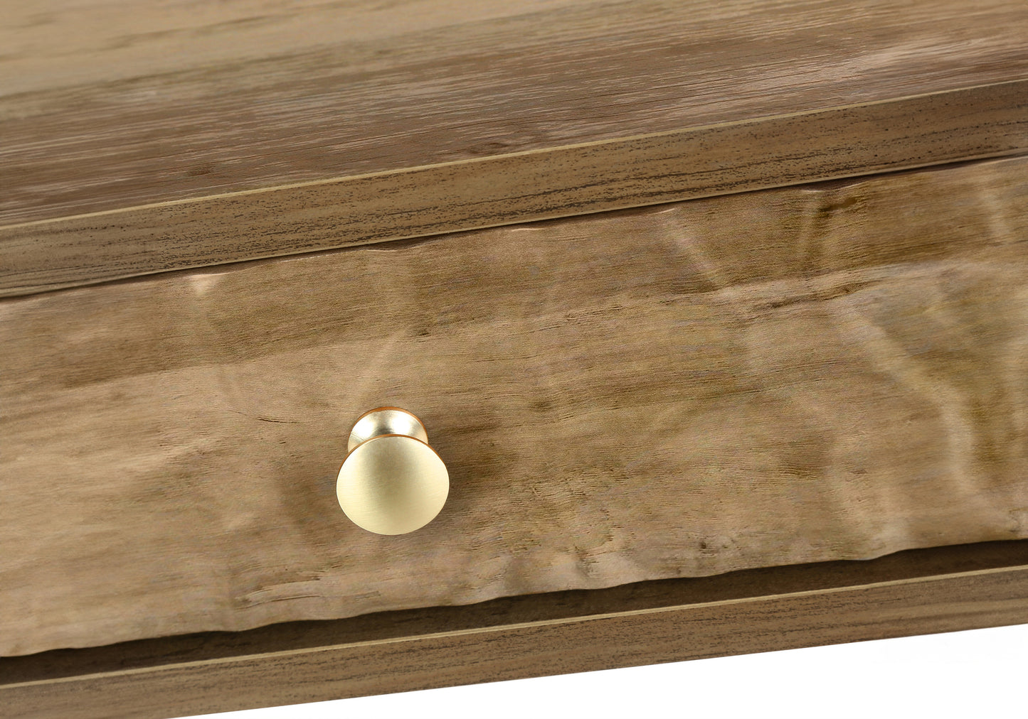 Close up of a rustic wood drawer with a brushed brass knob perfect for farmhouse decor