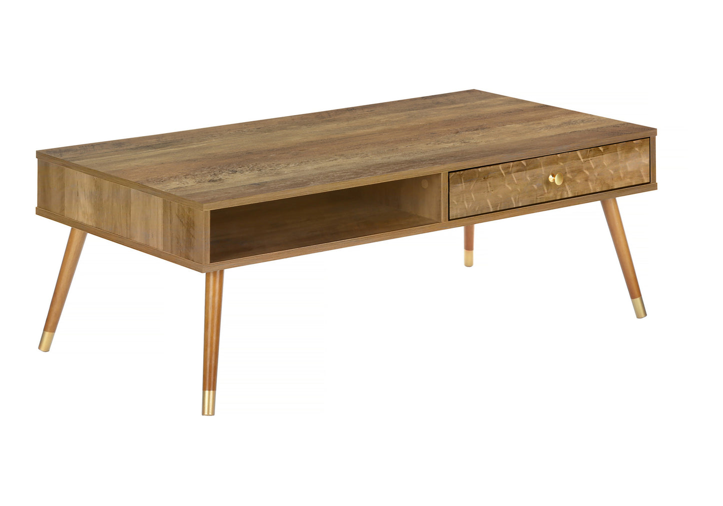 Midcentury modern coffee table with natural wood finish and angled legs