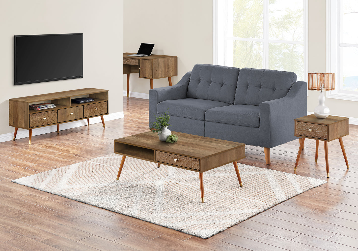 Midcentury modern walnut coffee table with textured drawer front and tapered legs