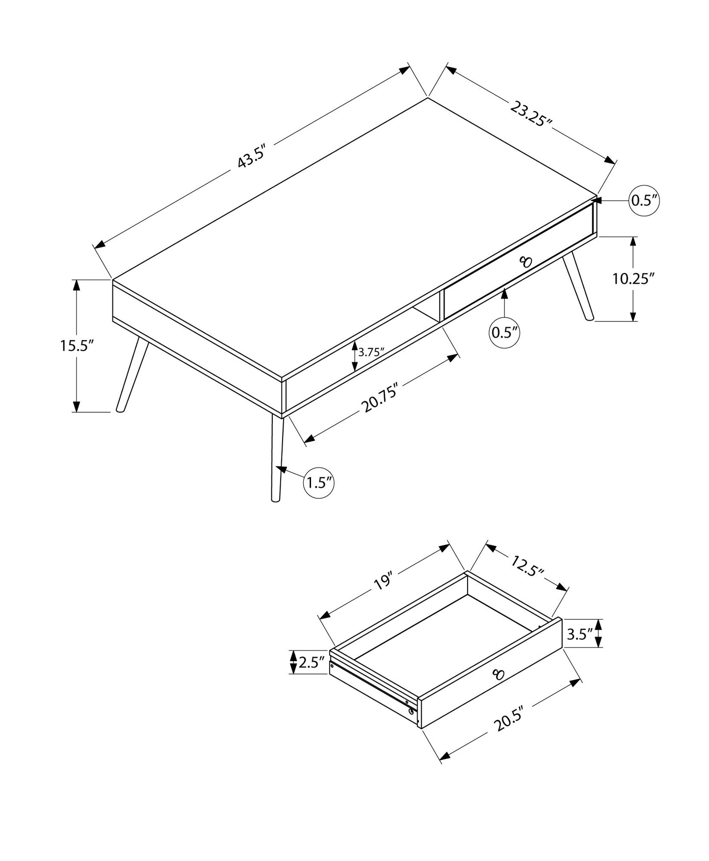 Technical drawing of a modern coffee table L x W x H with two drawers