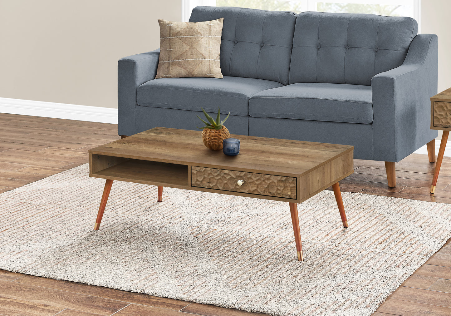 Midcentury modern coffee table with carved drawer wooden top and tapered legs