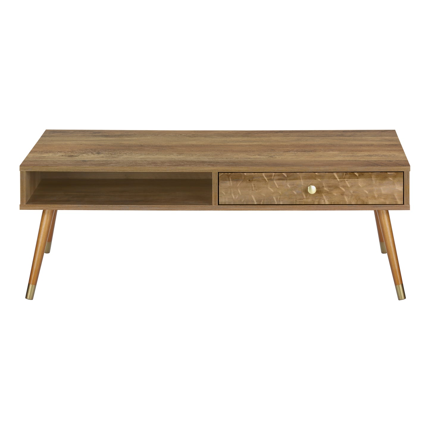 Brown wood coffee table with textured drawer and tapered legs