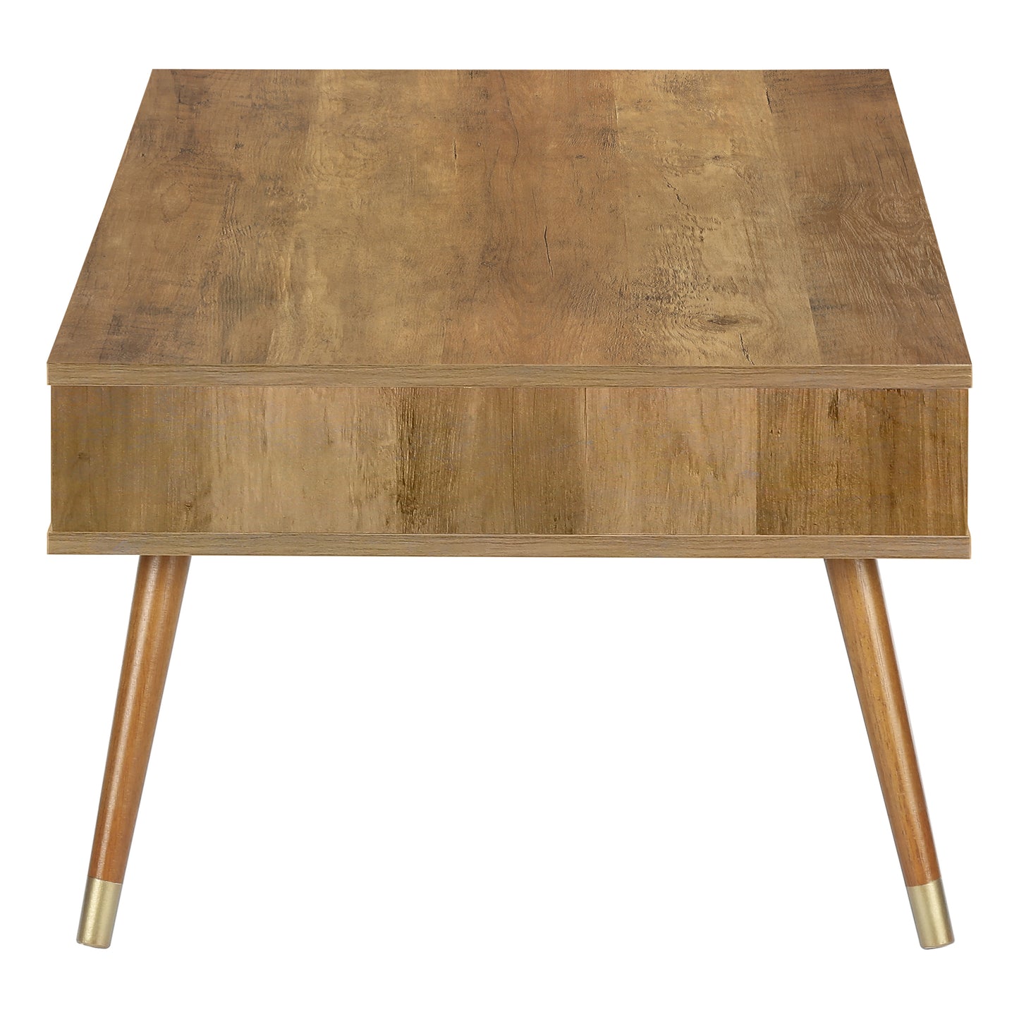 Midcentury modern accent table with distressed wood finish and tapered legs