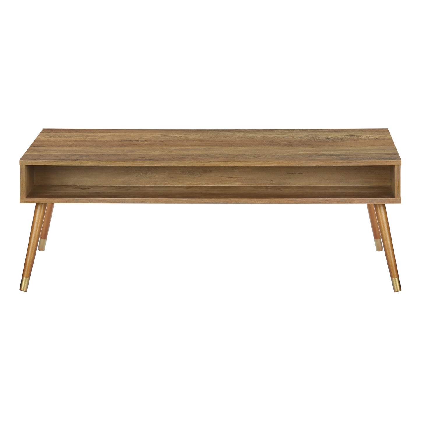Modern walnut coffee table with tapered legs and open shelf for living room decor