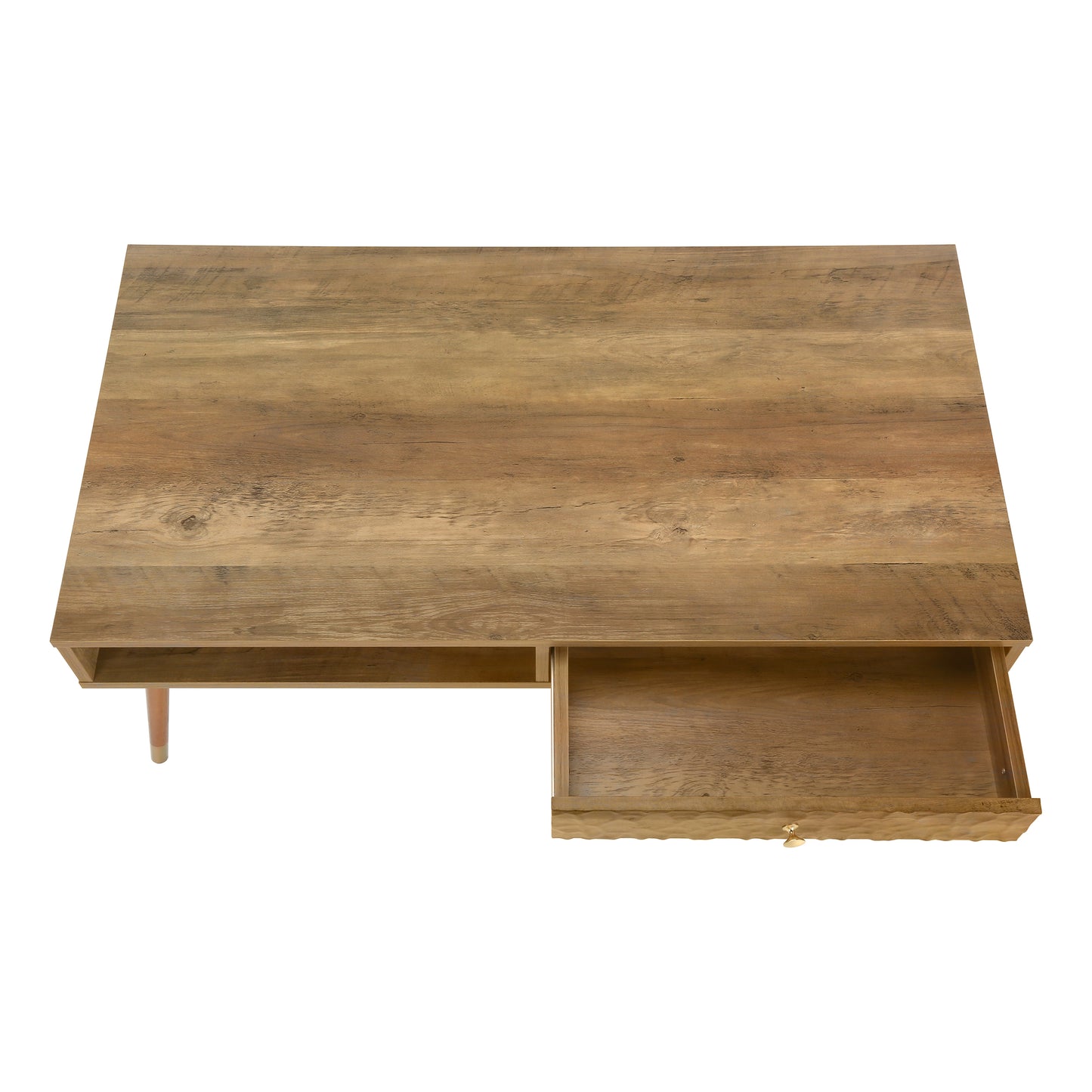 Rustic wood coffee table with one open drawer and metal legs