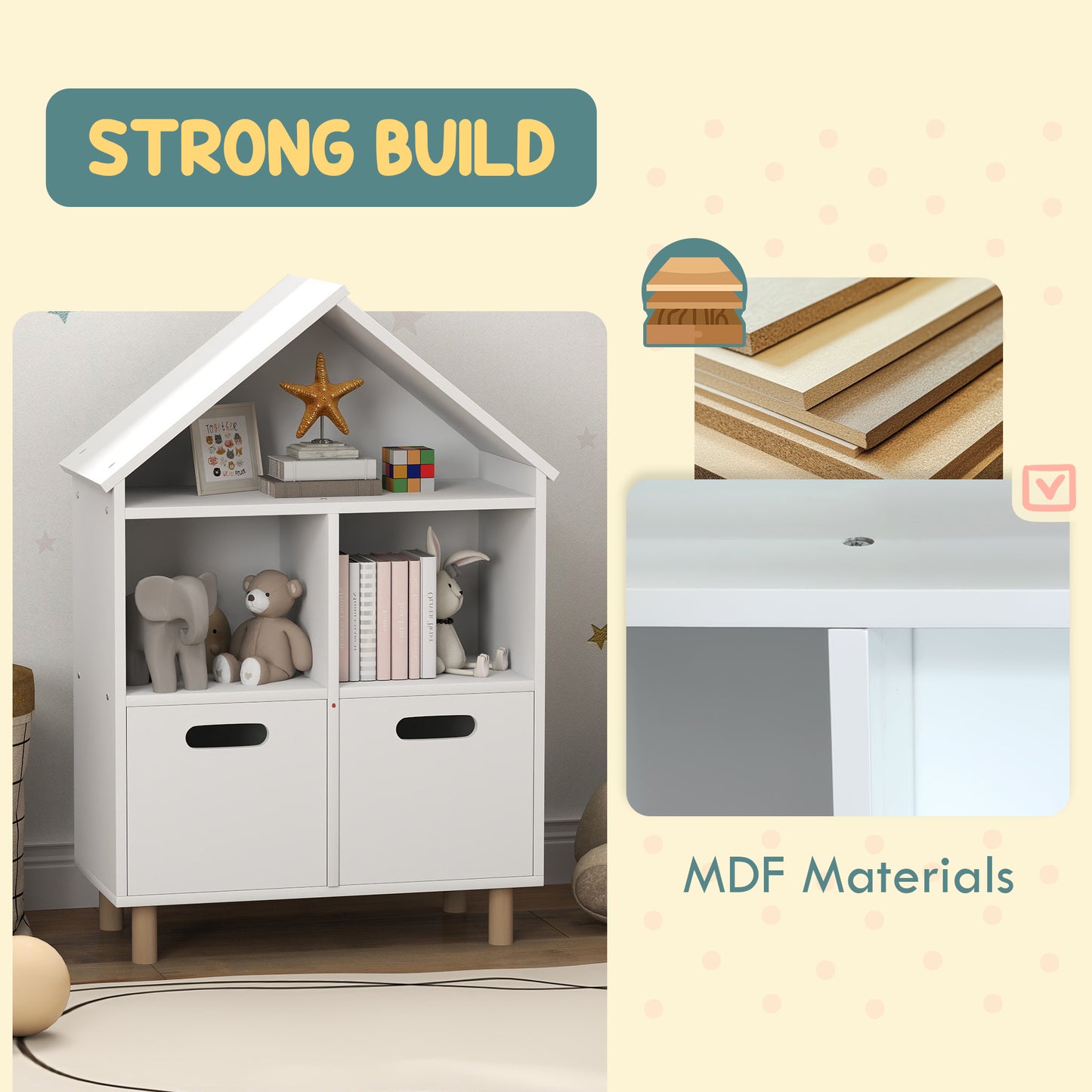 White MDF kids bookshelf with houseshaped top and two storage drawers