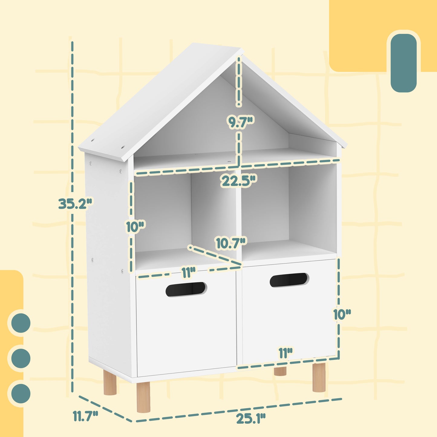 White wooden kids bookshelf with houseshaped roof and two drawers