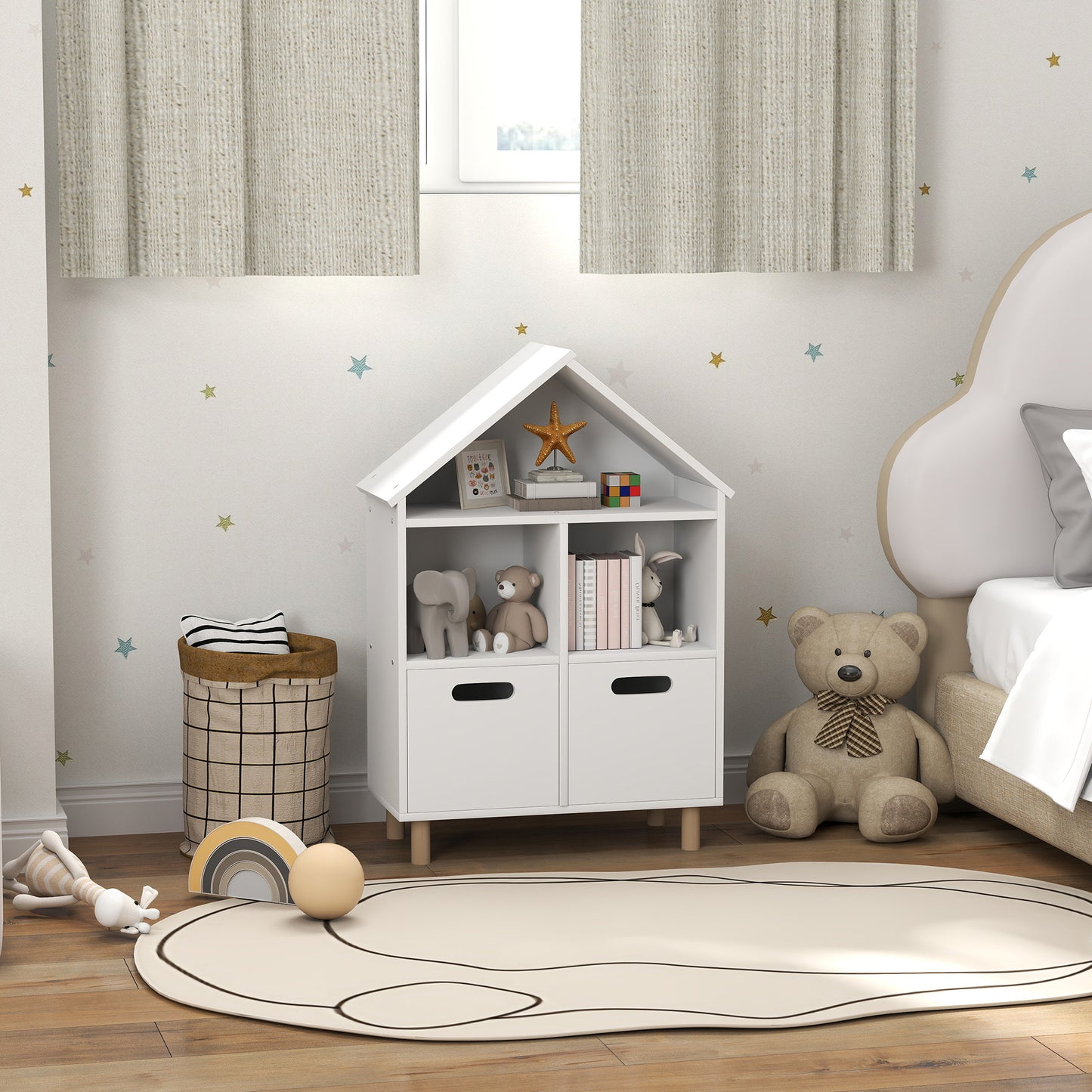 White houseshaped bookshelf with two drawers perfect for kids room storage