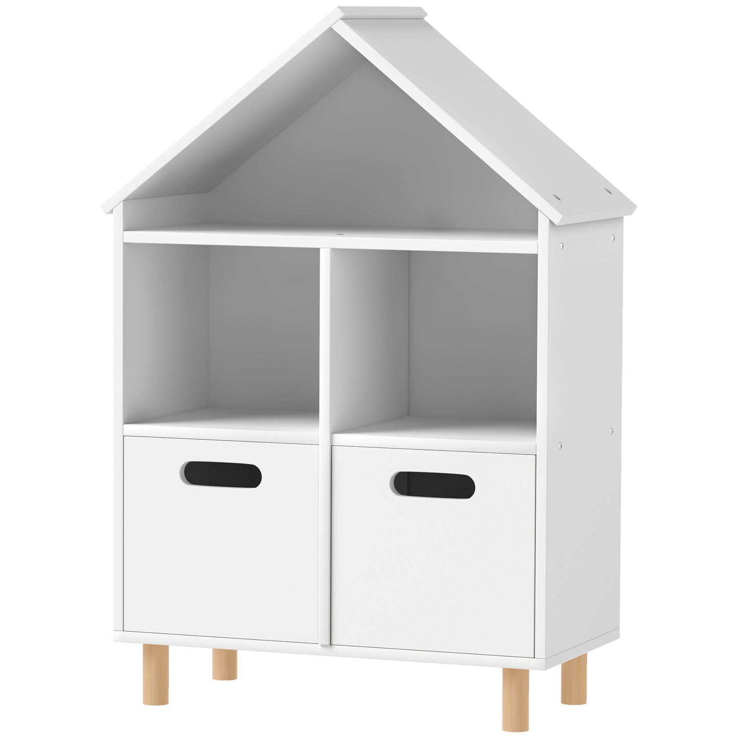 White houseshaped bookshelf with open shelves and two drawers on wooden legs