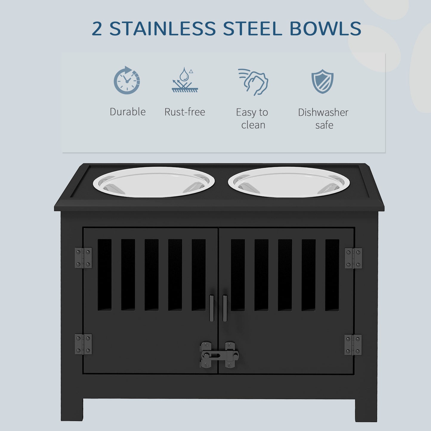 Black wooden dog crate with two stainless steel bowls and decorative door fronts
