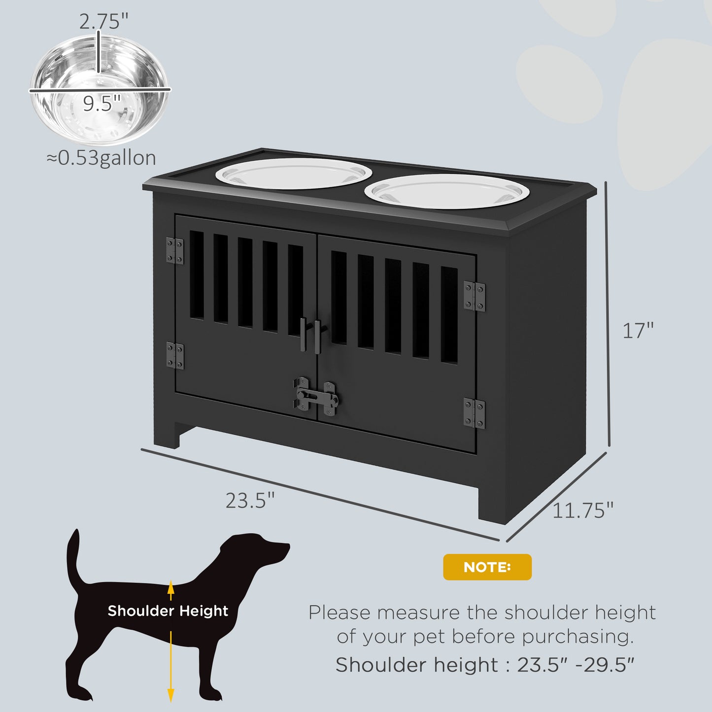 Black wooden dog crate furniture with two stainless steel bowls