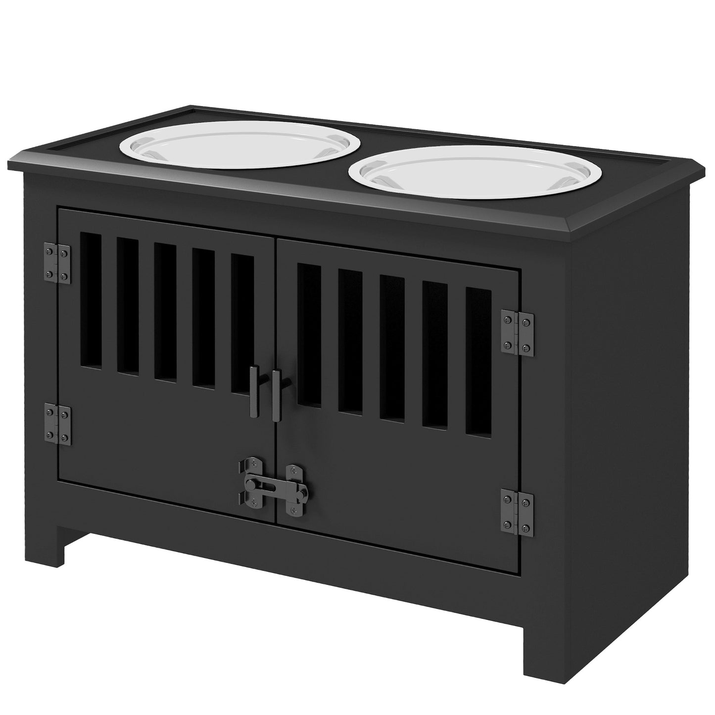 Black wooden dog crate furniture with two embedded stainless steel bowls