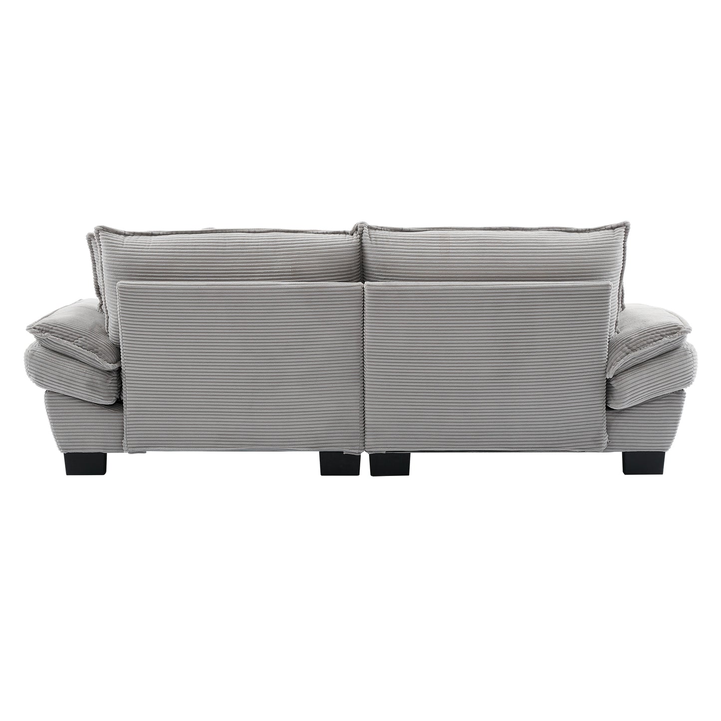 Back view of a plush grey corduroy twoseater sofa with ample cushioning