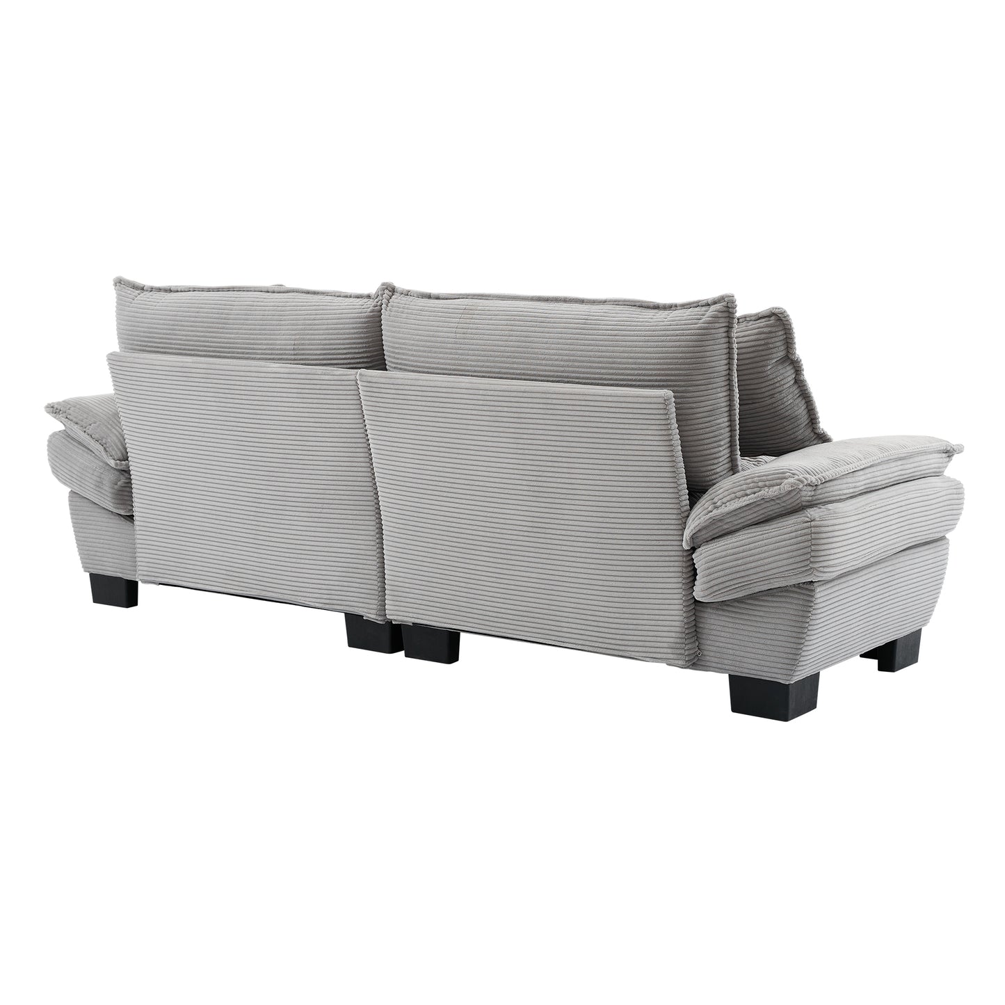 Rear view of a light grey corduroy sofa with plush cushions and black block feet