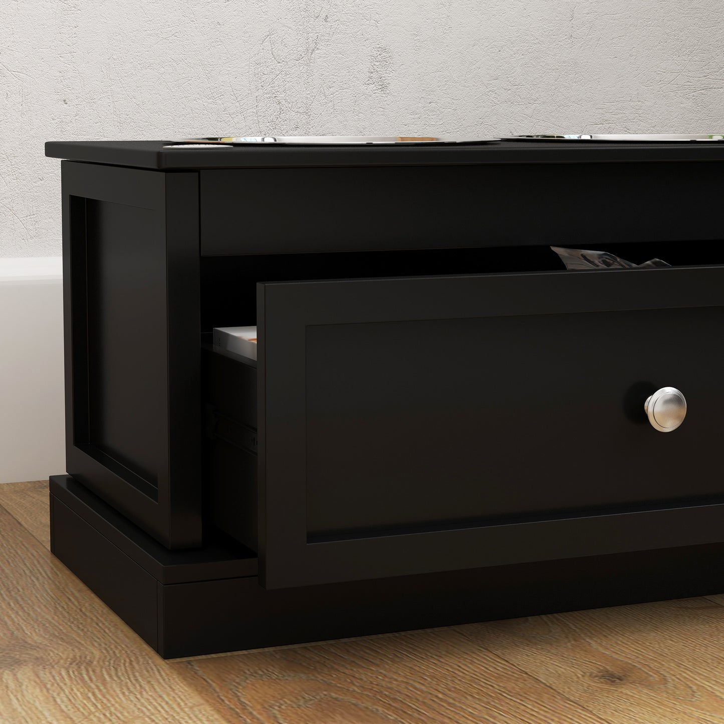 Sleek black wooden nightstand with one open drawer showcasing a modern design