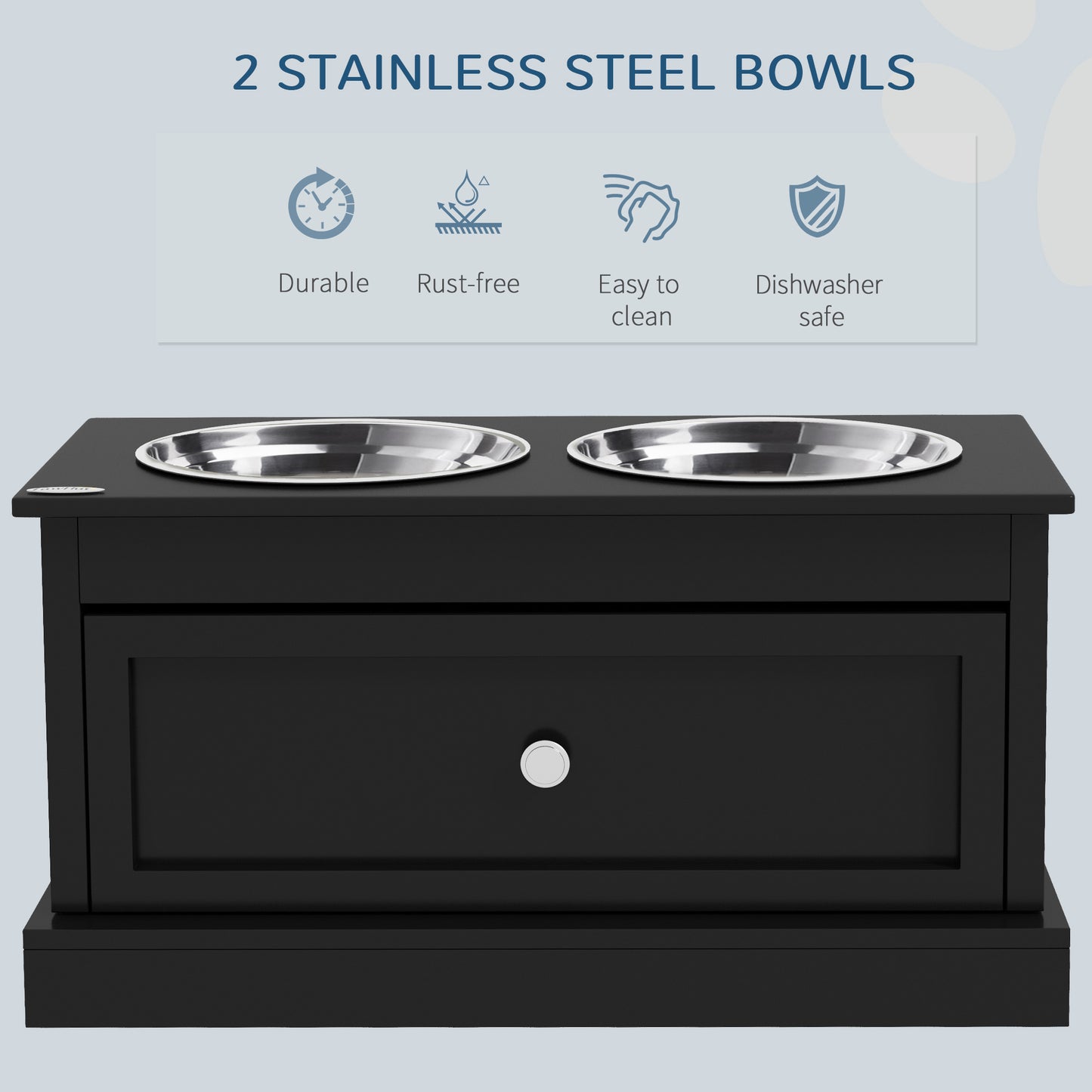Black wooden raised dog feeder with two removable stainless steel bowls