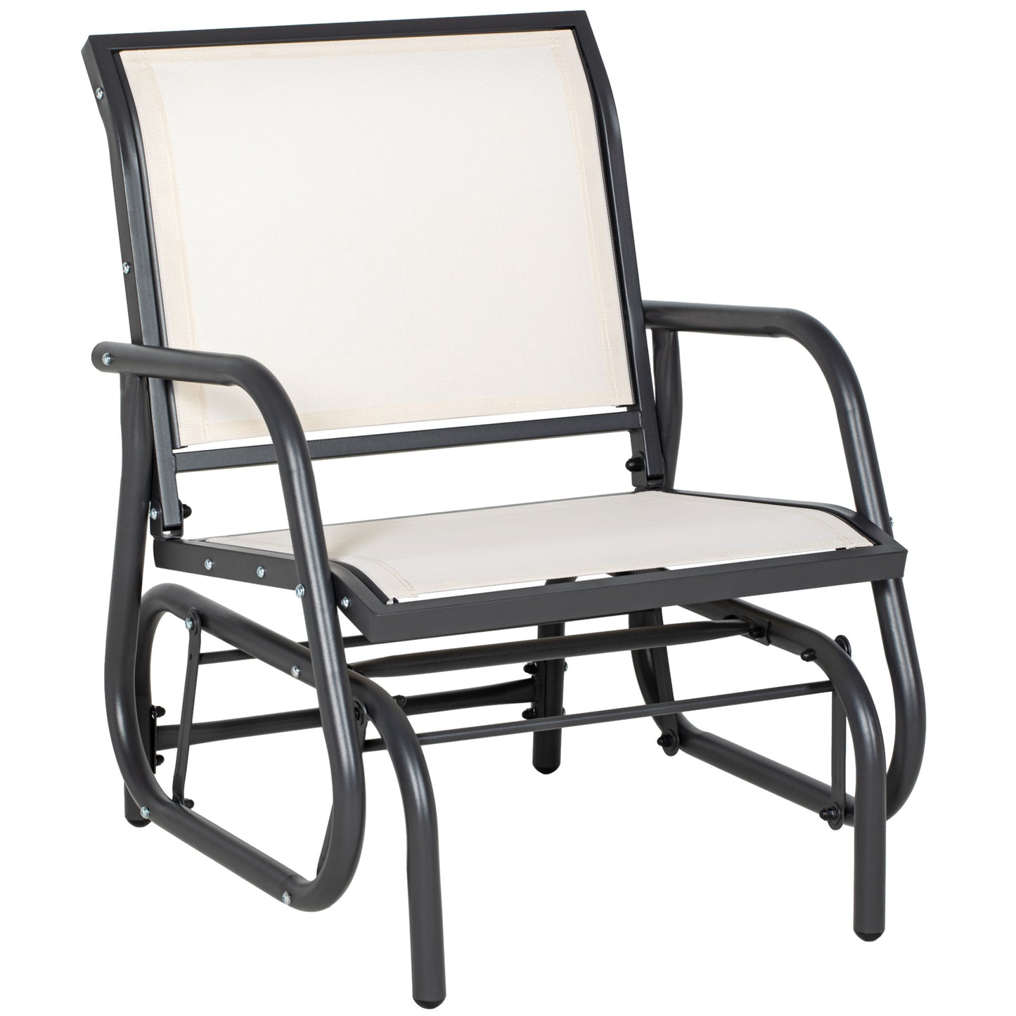 Modern outdoor glider chair with durable metal frame and offwhite fabric seat and back