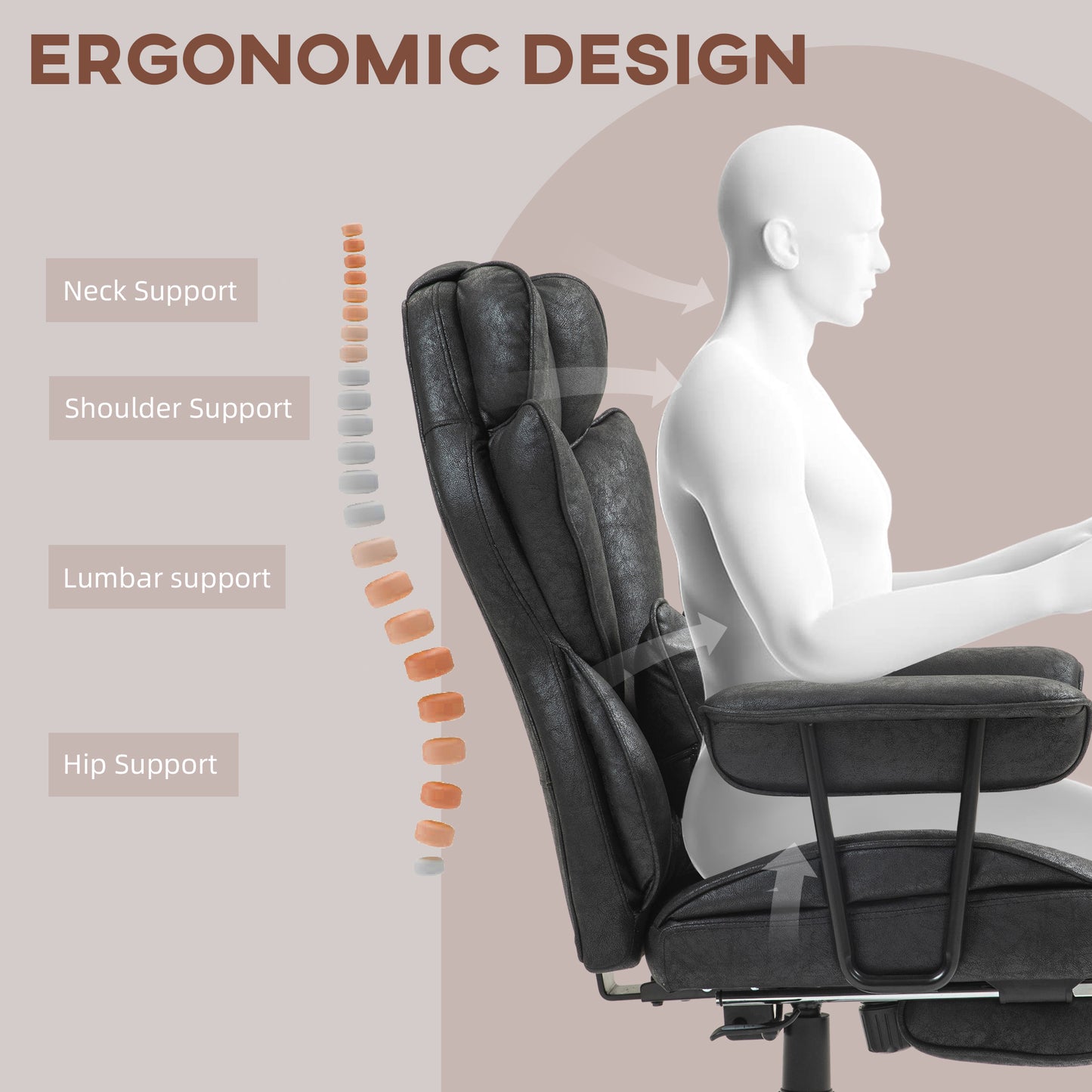 Black executive office chair with ergonomic design highlighting neck shoulder lumbar and hip support