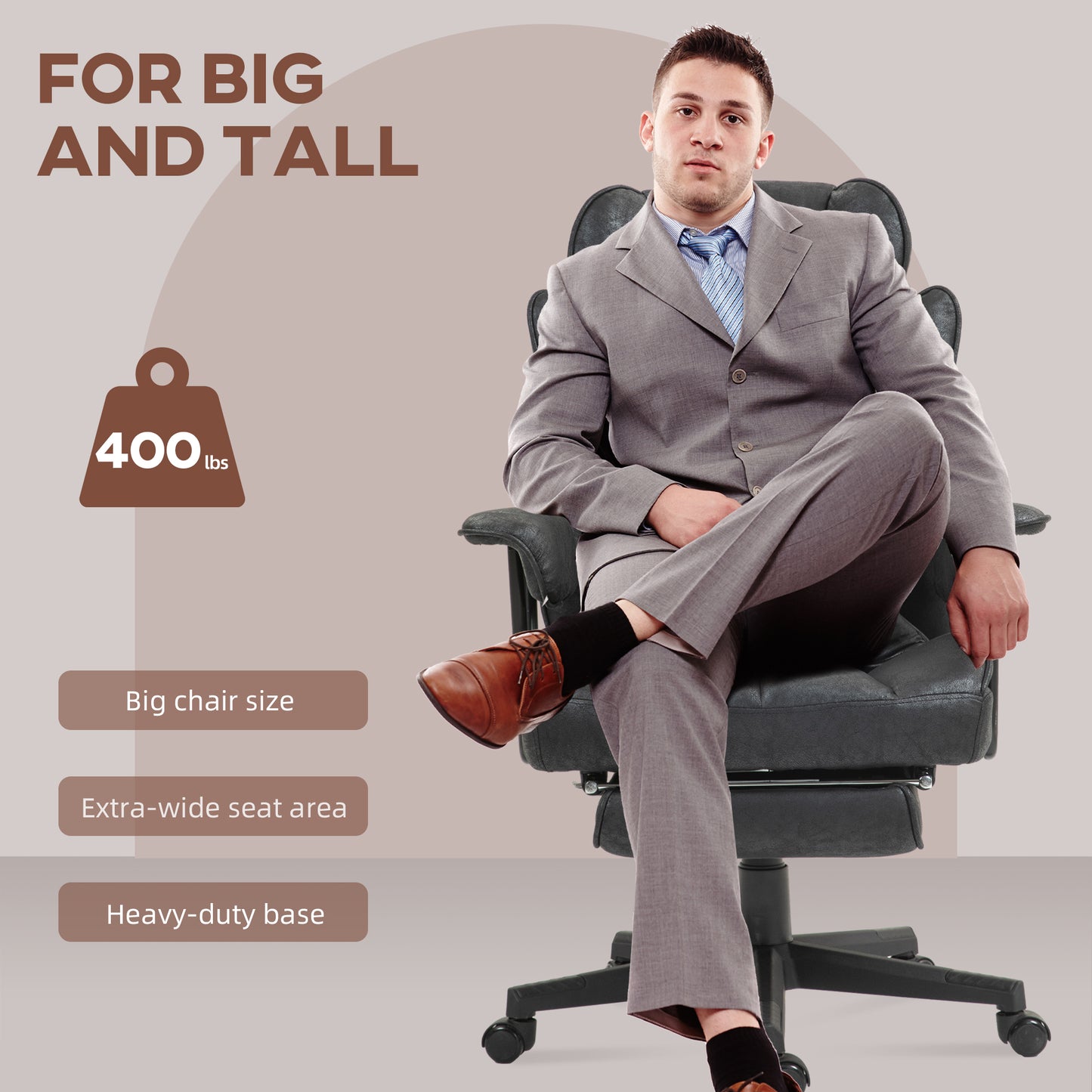 Executive ergonomic chair with extrawide seat area and heavyduty base