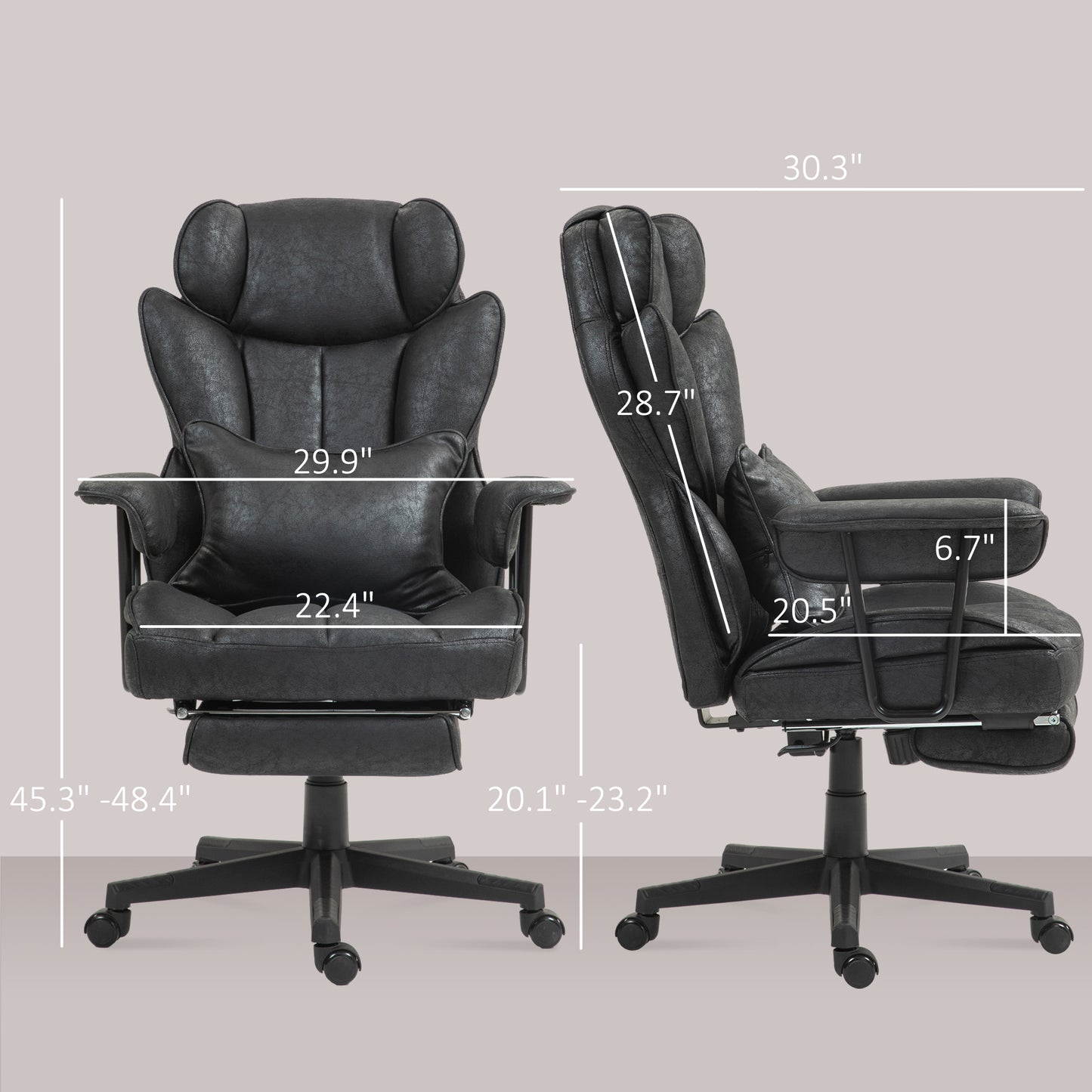 Black executive office chair with headrest and lumbar pillow featuring adjustable height