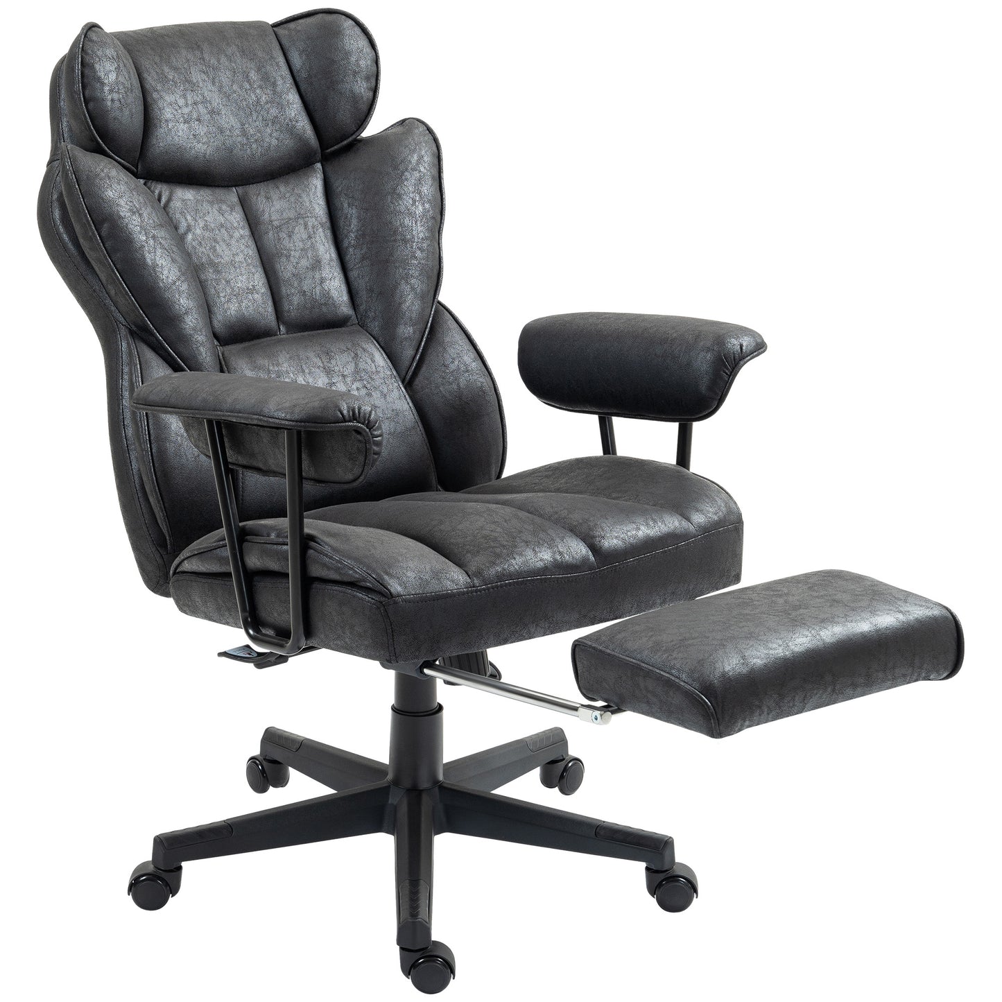 Padded black leather executive office chair with retractable footrest