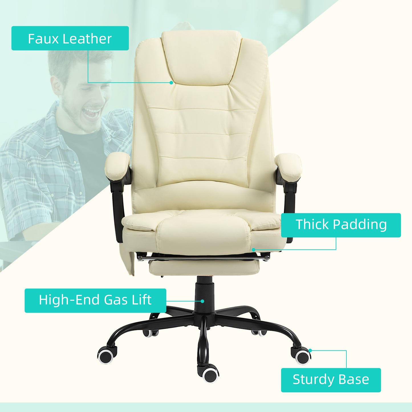 Cream faux leather executive chair with thick padding and a retractable footrest