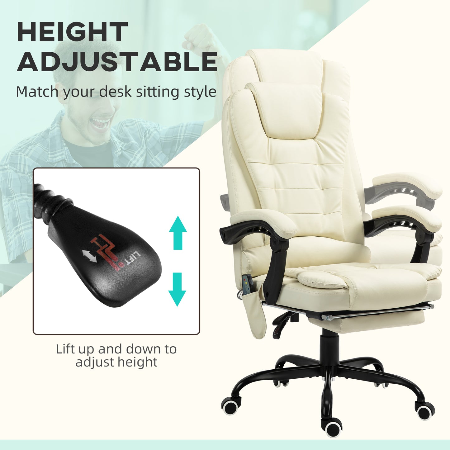 Cream leather ergonomic office chair with adjustable height lever