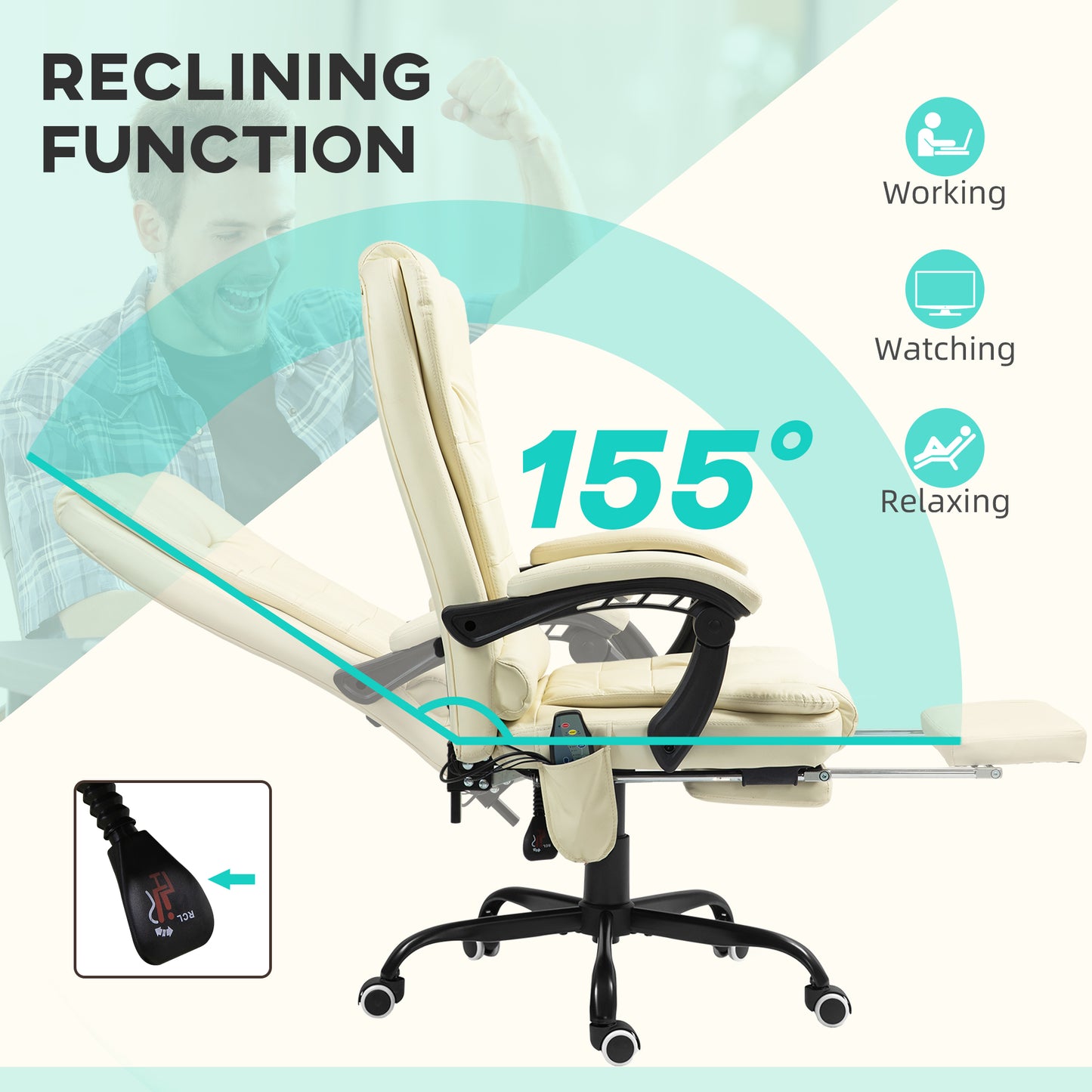 Cream leather executive chair with reclining function adjustable footrest and lumbar support for comfort