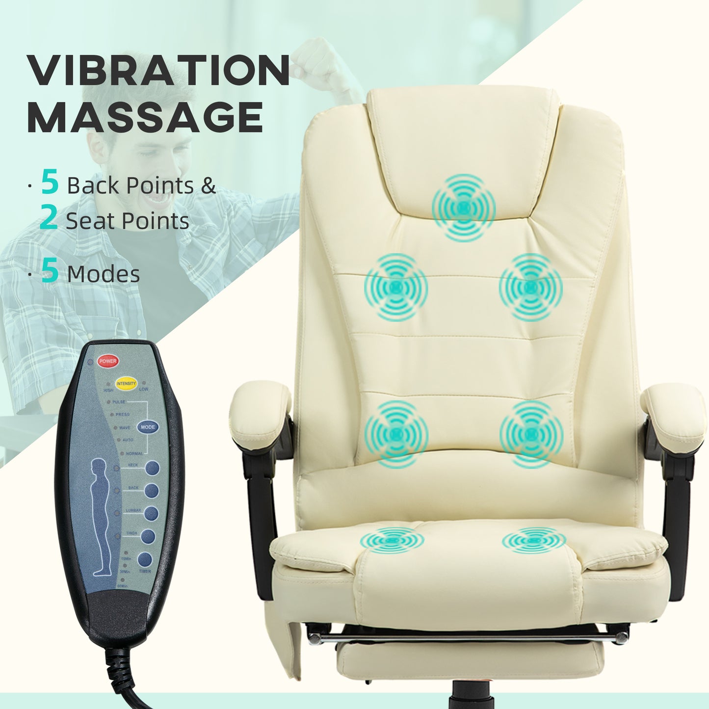 Cream leather executive chair with back and seat vibration massage points