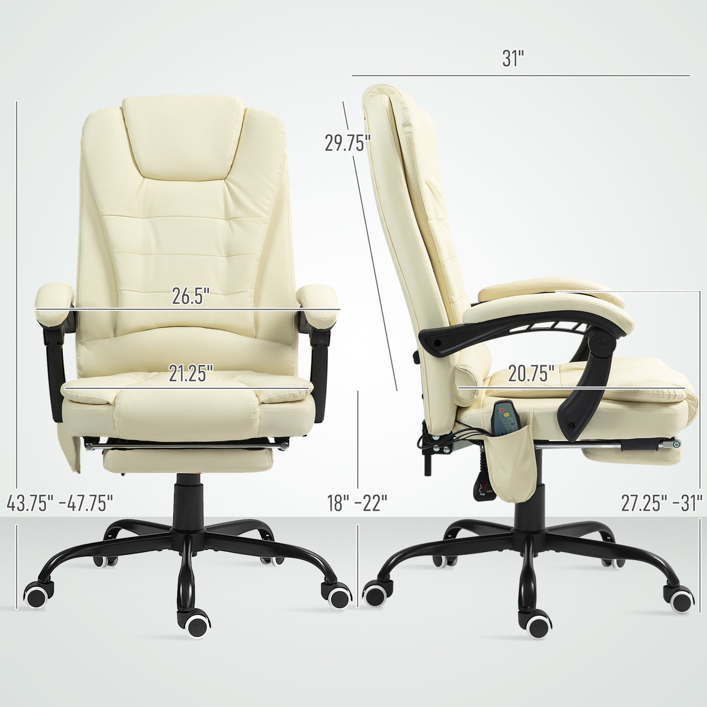 Cream leather massage office chair with adjustable footrest and lumbar support