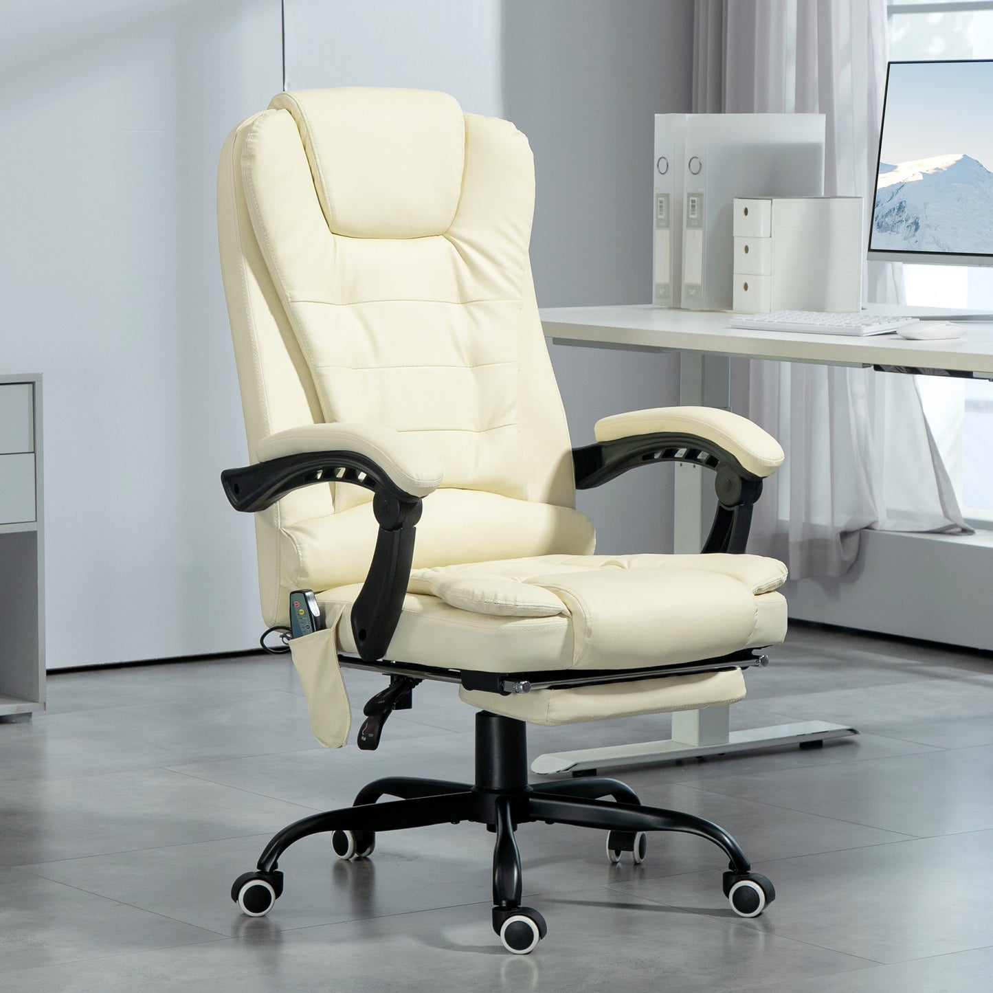 Cream leather executive chair with footrest and massage function perfect for office comfort