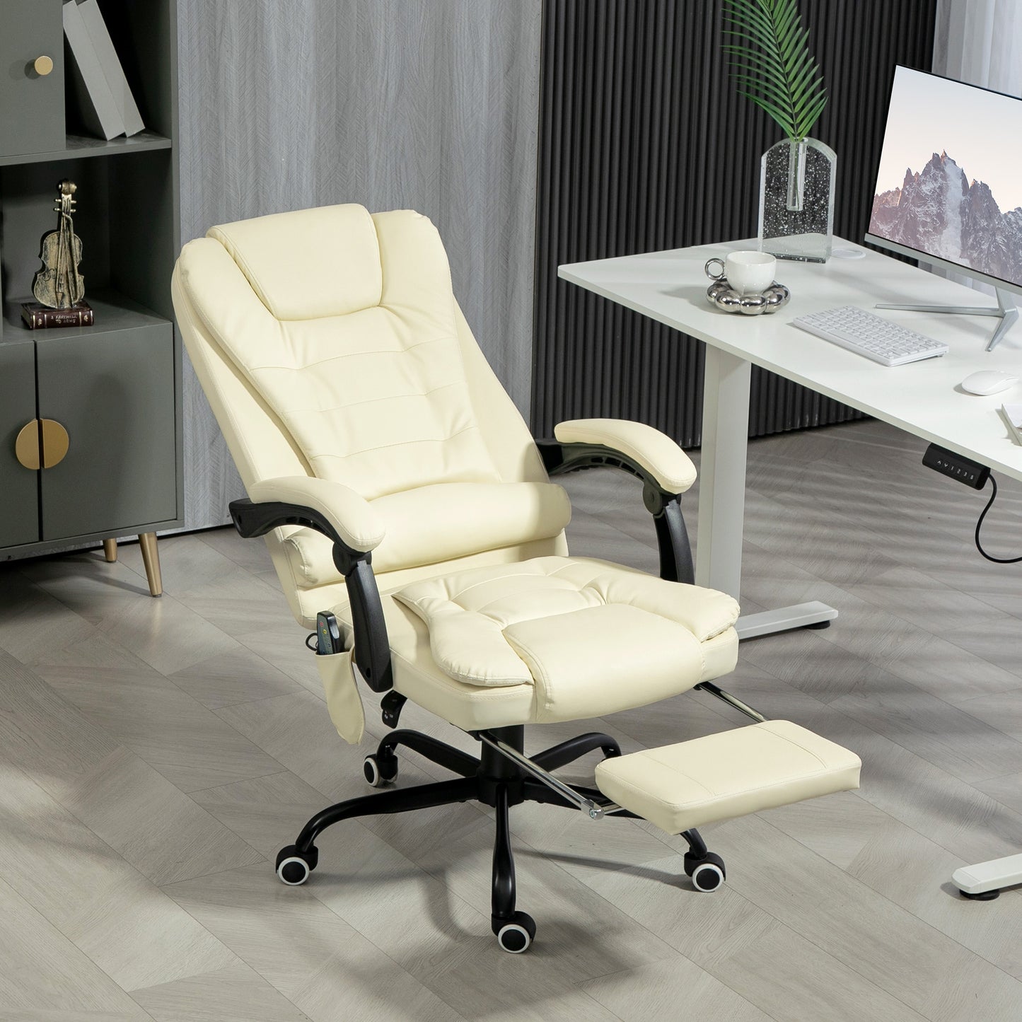 Cream leather ergonomic office chair with builtin footrest and massage function