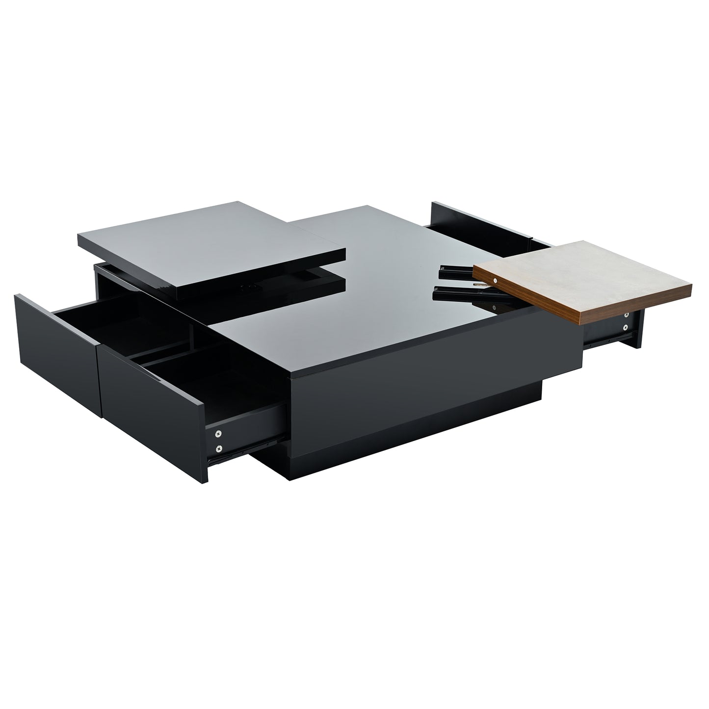 Modern black coffee table with extending woodeffect surface and drawers