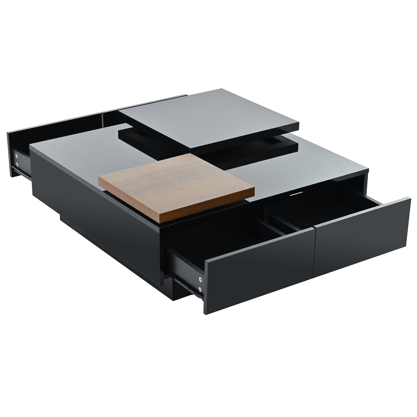 Modern black lifttop coffee table with storage drawers and wood accent