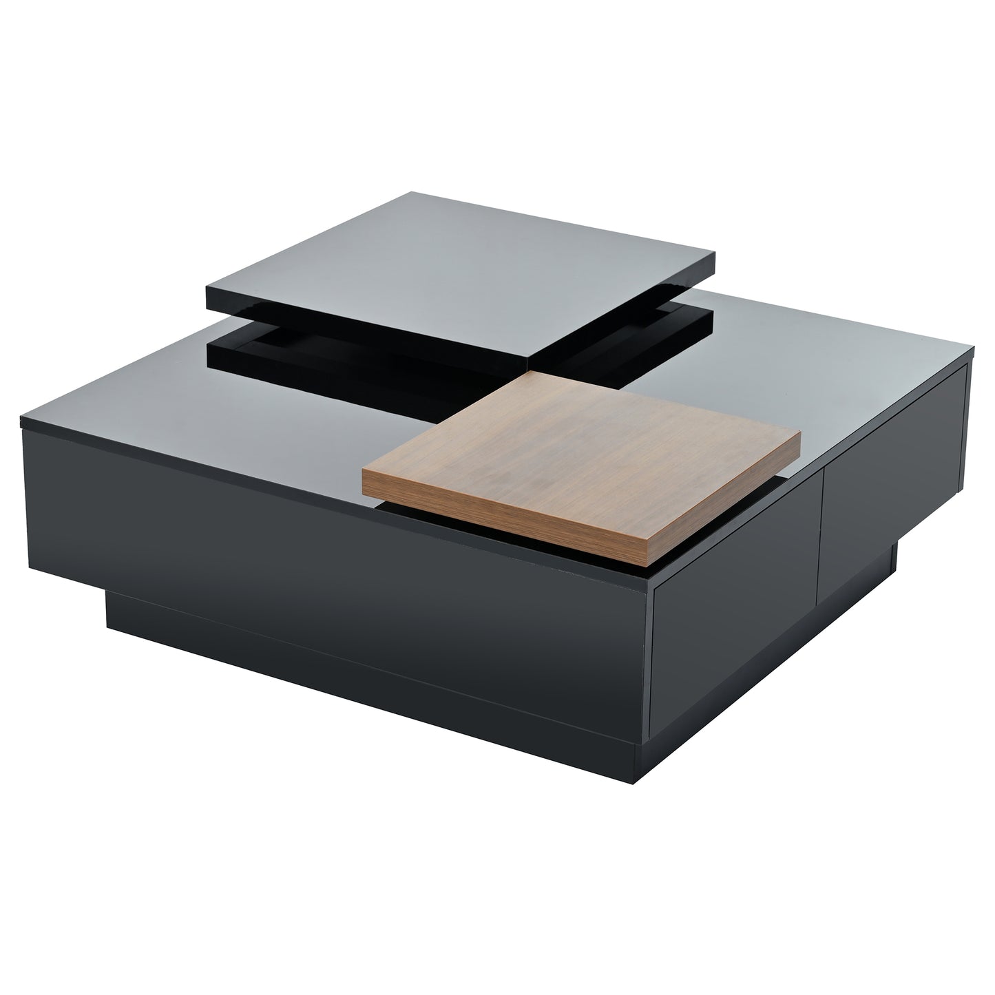 Sleek black lacquered coffee table with duallevel surface and walnut accent