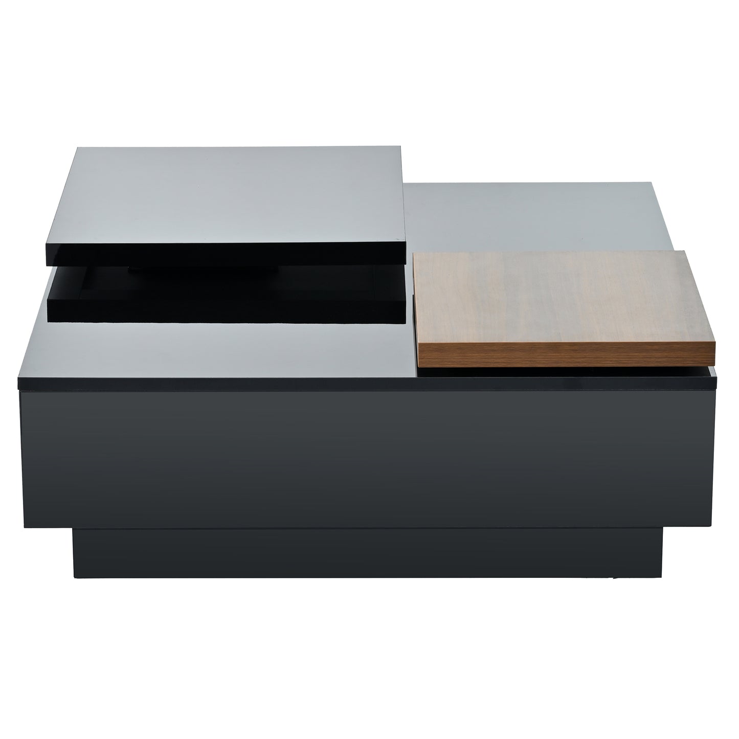 Modern black coffee table with a sliding woodgrain top and ample storage space