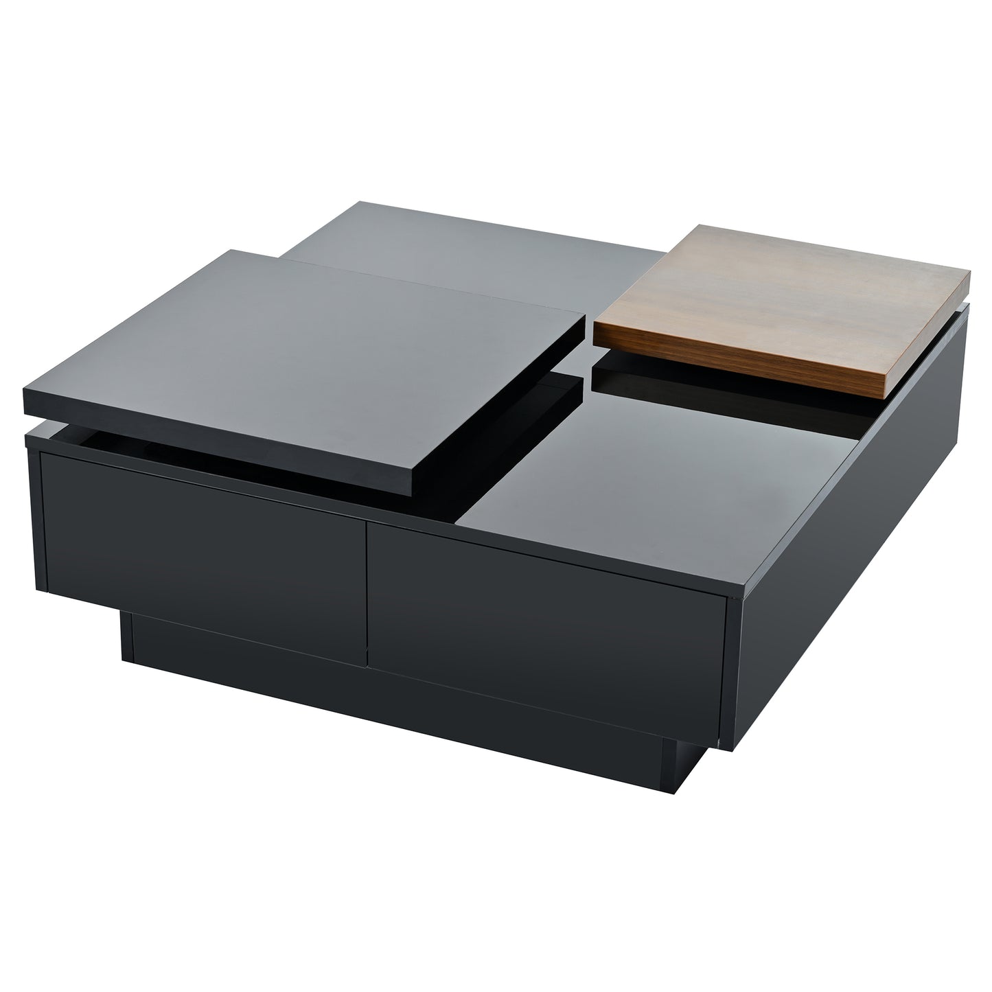 Modern black coffee table with two drawers and a sliding woodgrain top