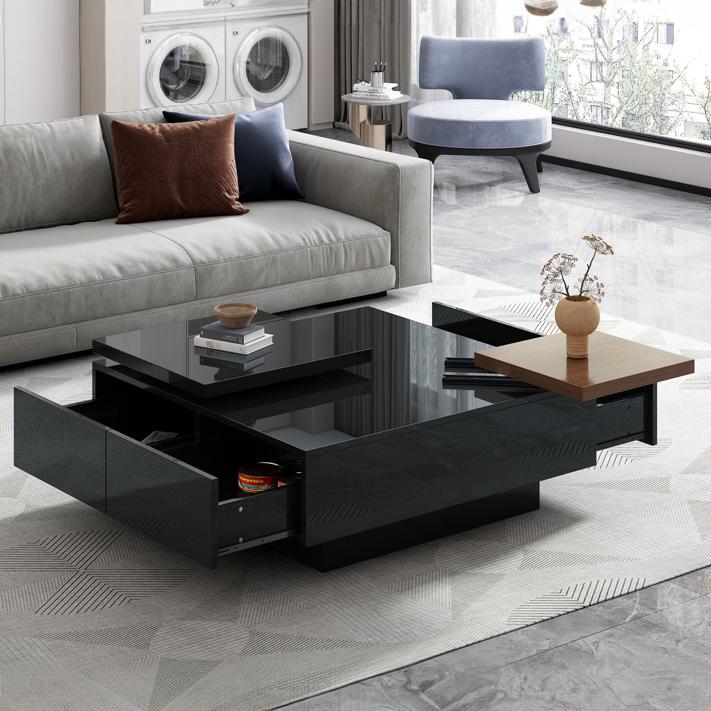 Modern black coffee table with sliding top and storage drawers