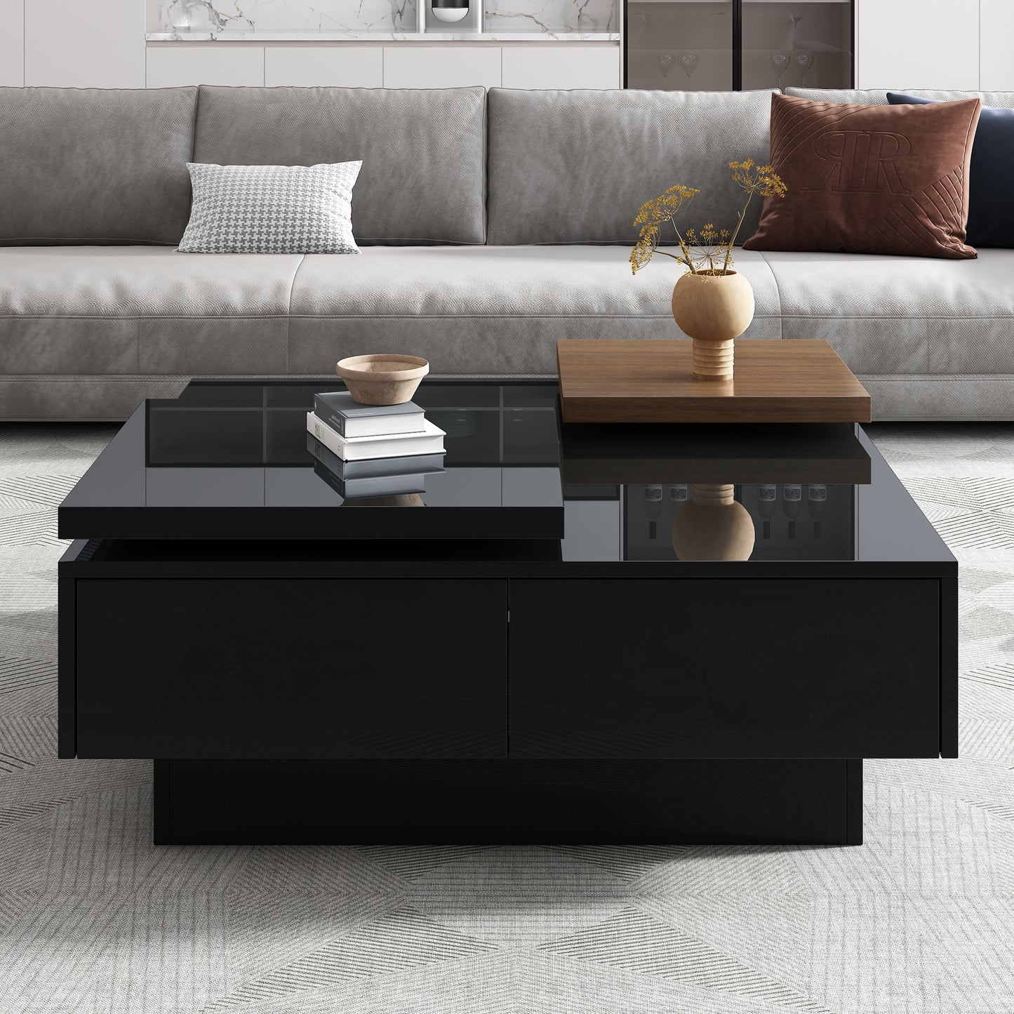 Sleek black lacquer coffee table with two drawers and a wooden accent shelf perfect for modern living rooms