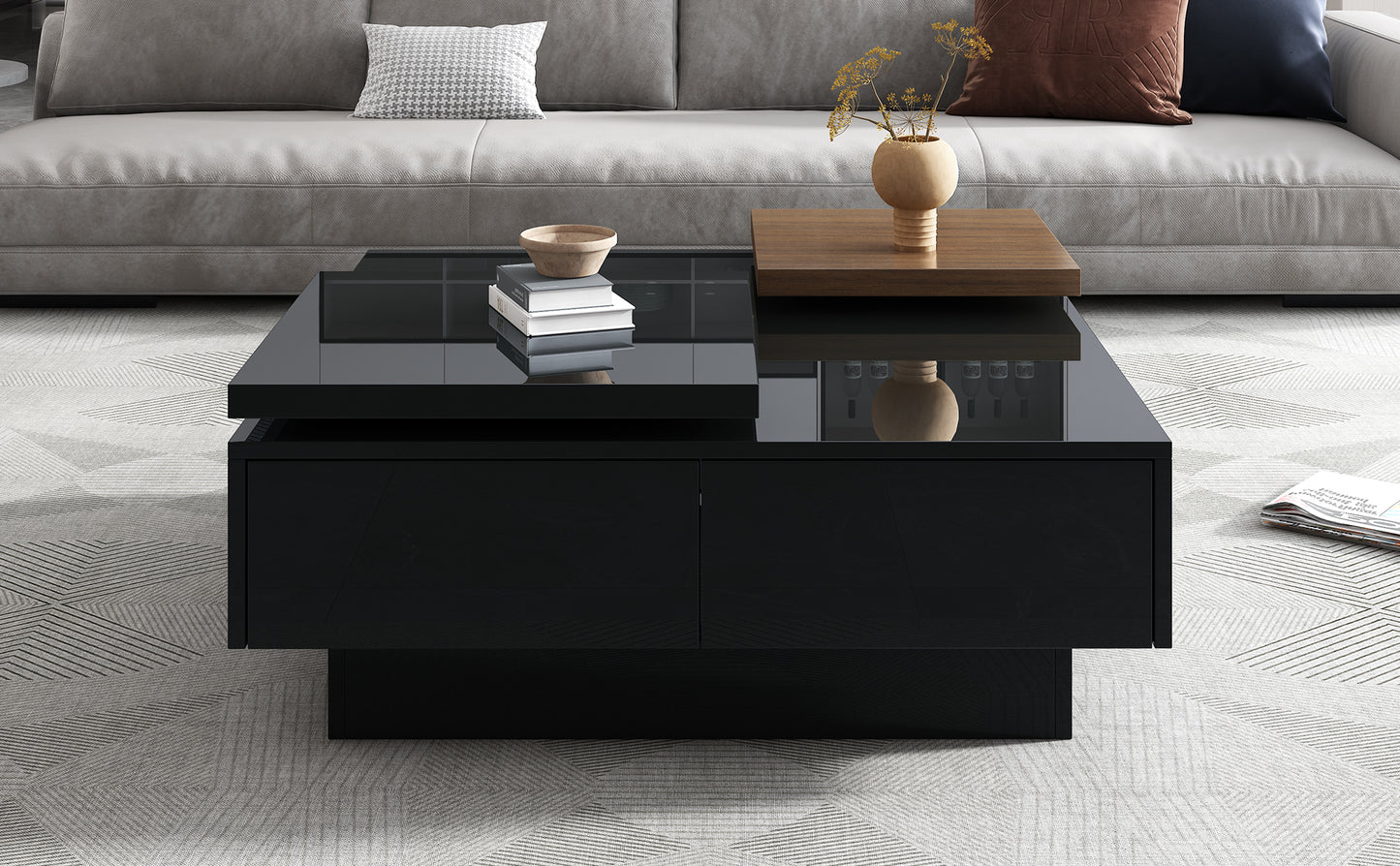 Modern black highgloss coffee table with duallevel design and concealed storage for living rooms