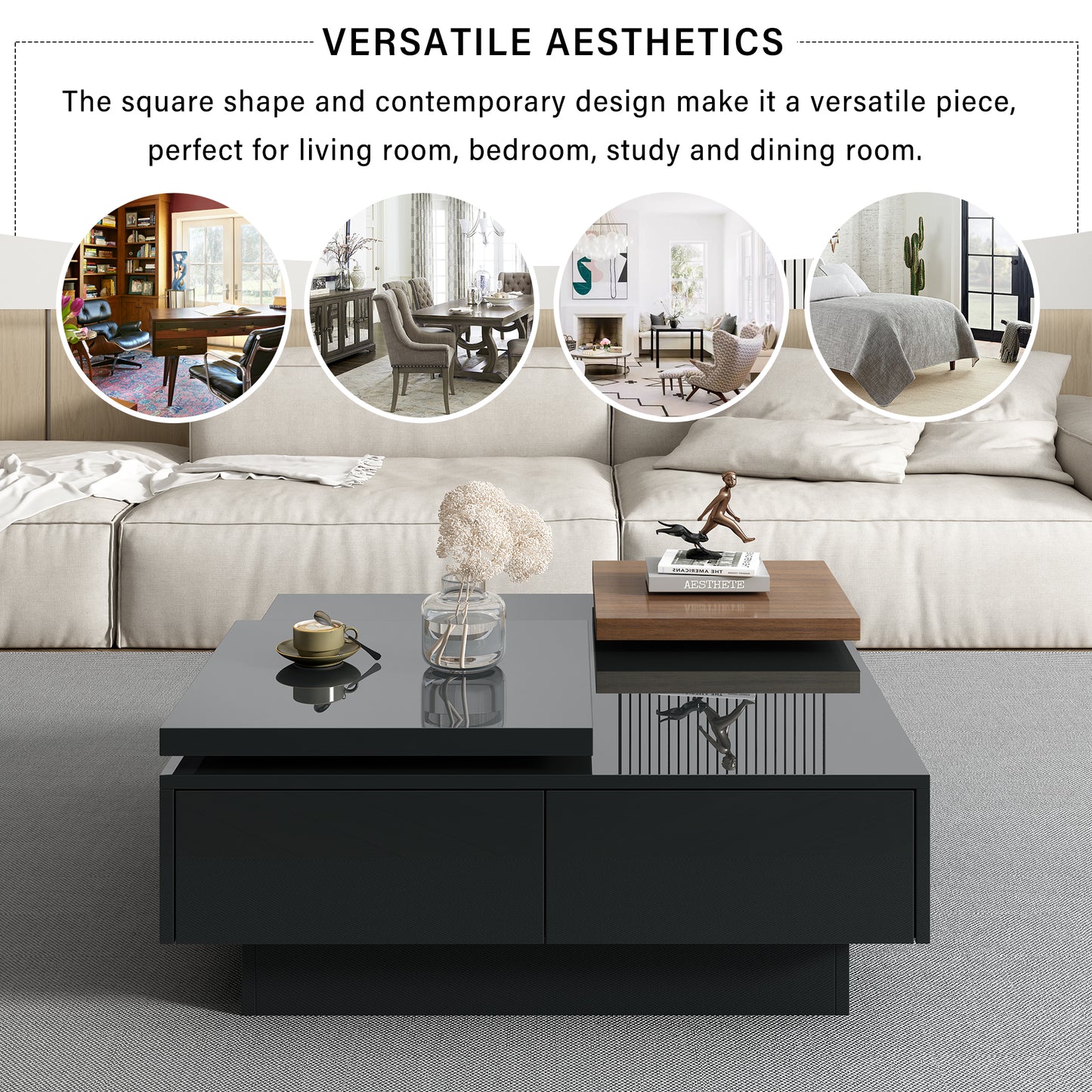 Glossy black modern coffee table with hidden storage drawers